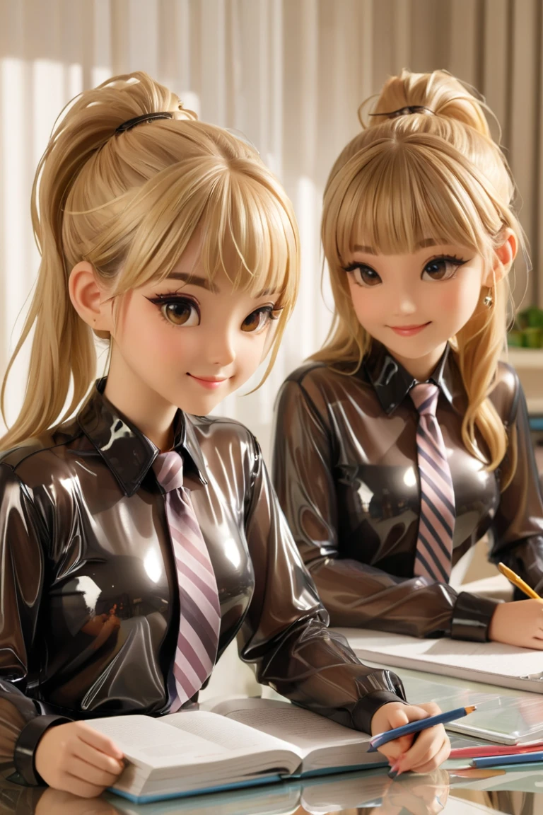 4 girls, Buttoned into an extremely tight shiny transparent latex blouse, blonde hair,  ponytail , Bangs, smile, Lens reflection, Reflected light, Are at home and doing homework , Necktie 