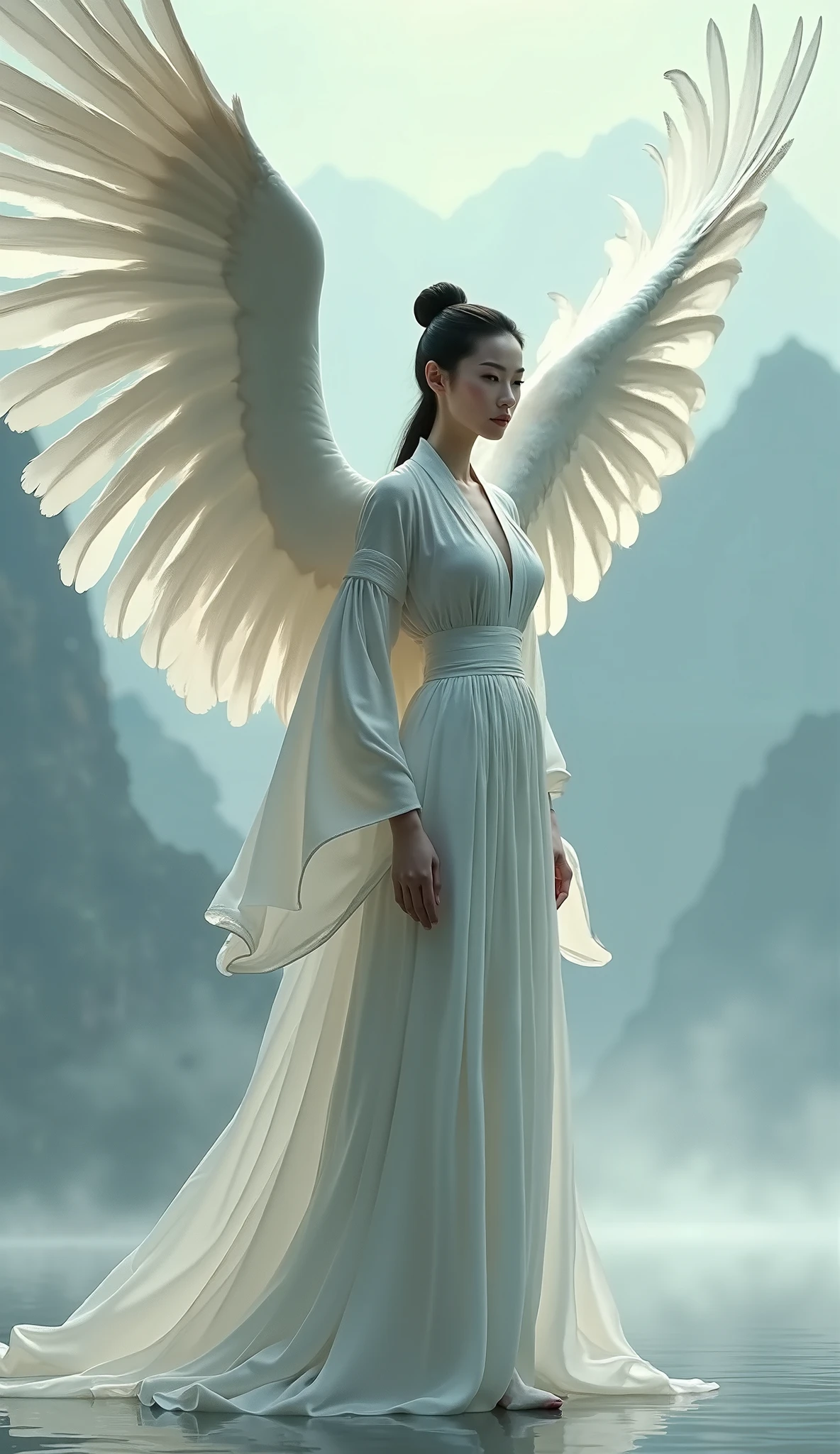 "Zhang Ziyi (China) with the wings of a crane: Ziyi’s graceful, powerful presence is enhanced by the elegant wings of a crane, adding a serene and timeless beauty to her already captivating persona."