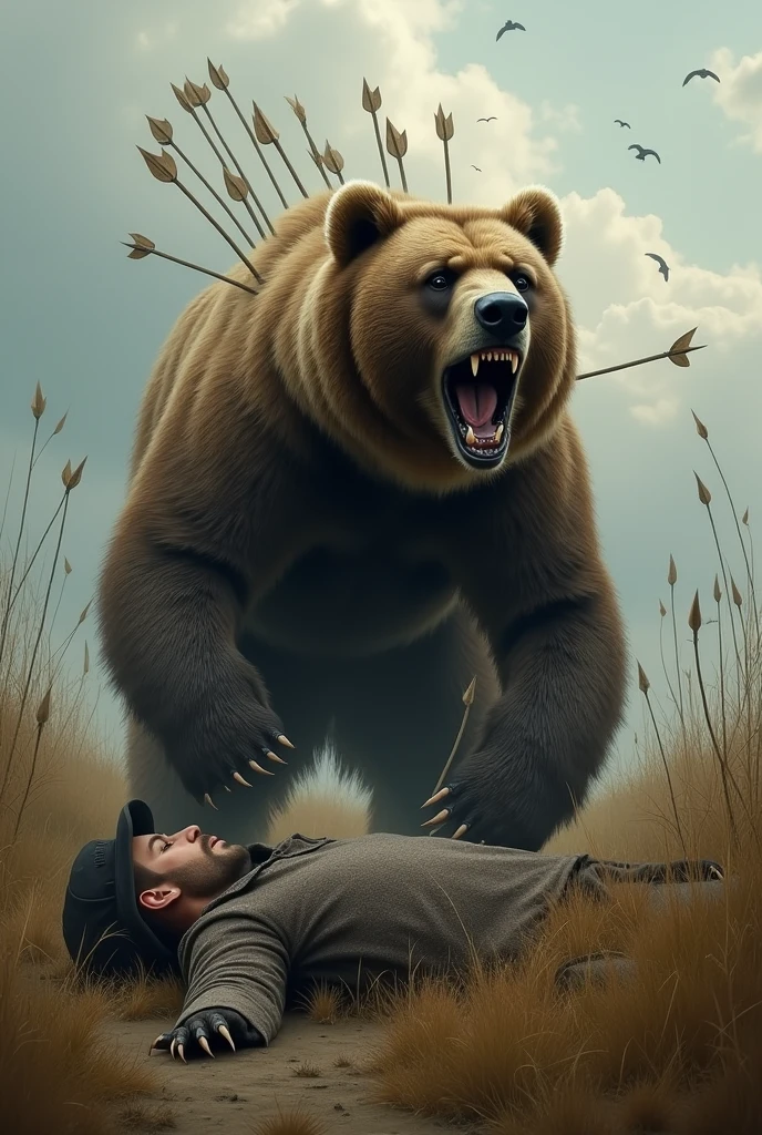  Picture of a bear roaring beside a dead man in a field,  Many arrows are stuck in a bear's body 、Vojtek Fuss, by Adam Marczyński, Owlbear, Karl Kopinski, By Darek Zablocki,  by Tomasz Jedršek ,  by Jesper Issing , By Swomyr Maniak,  by Marcin Zalesky , by Simon Ushakov , beast