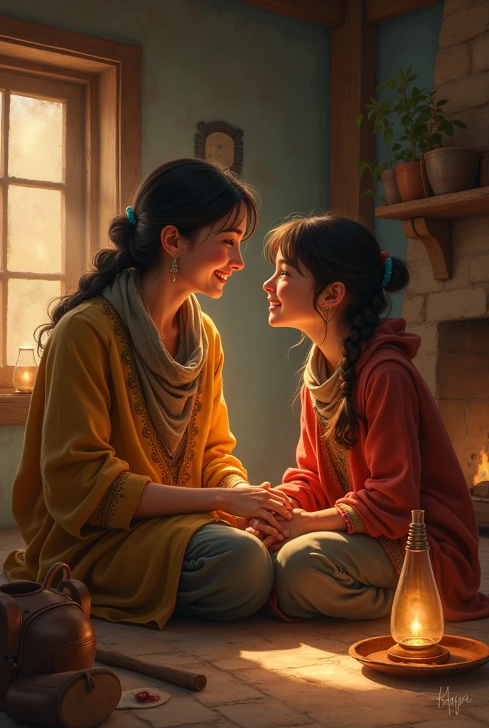 Create a beautiful picture of mother and daughter
They are talking happily in the evening at a village home