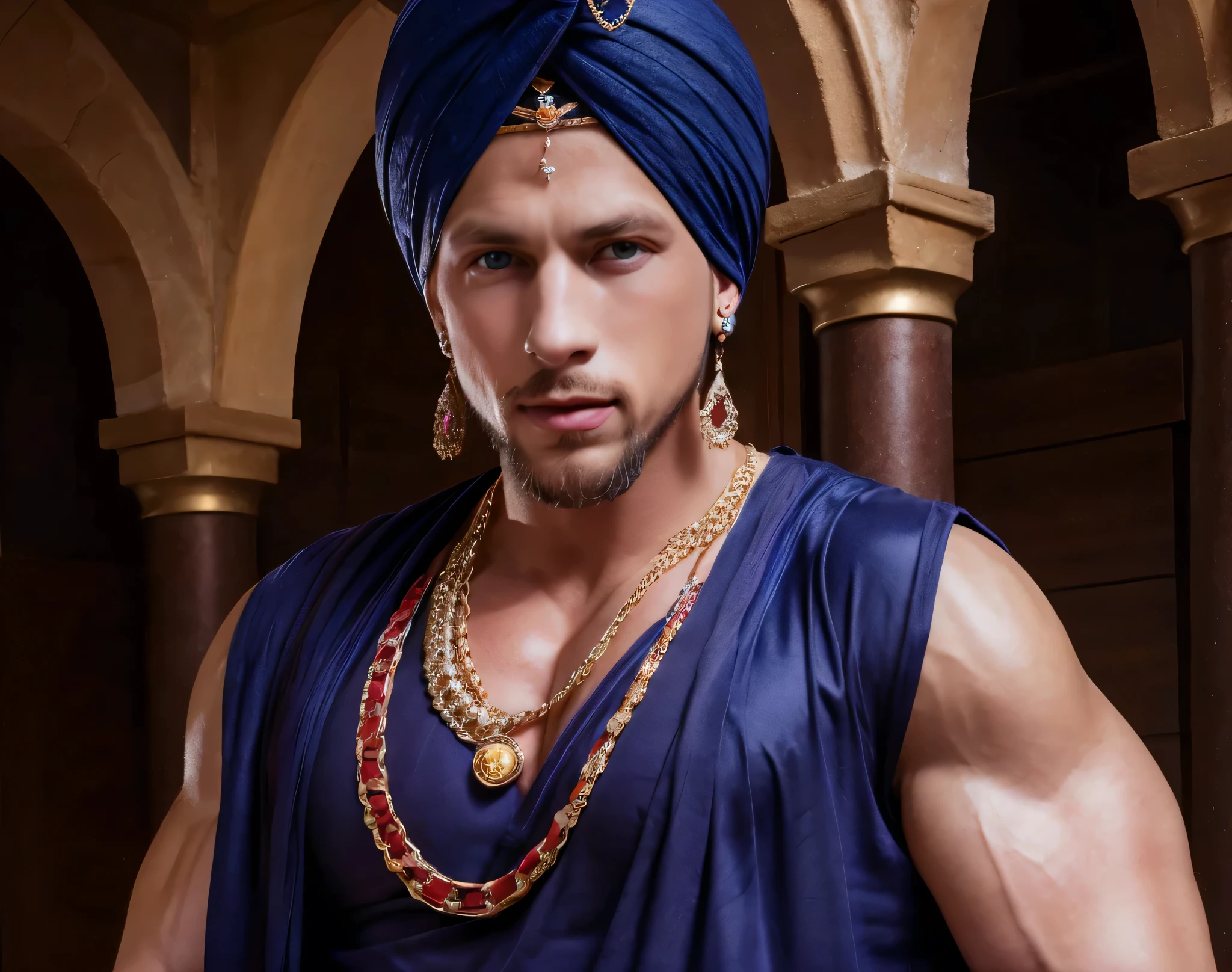 Roman Todd, man in turban, goatee, diamond earrings, huge muscles, , jewelry, highly detailed, photorealistic, 8K, HDR,