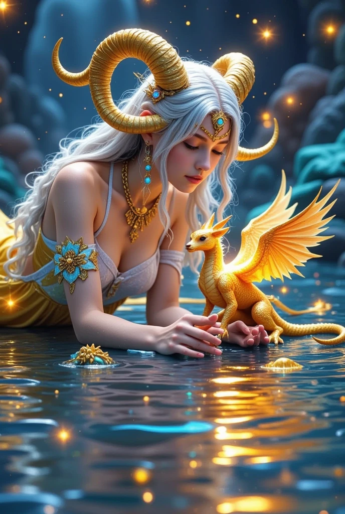 Super detailed 16K resolution depiction of a mystical, otherworldly scene featuring an ethereal elf with long, flowing silver hair and elaborate, golden ram-like horns adorned with intricate, jewel-encrusted decorations. The elf is lying down, her gaze intensely focused on a small, golden dragon perched before her. Created by Sasan. The dragon's shimmering scales glisten with magical light, and its wings are spread slightly, glowing as if infused with stardust. The elf' s delicate features are accented with golden, luminous markings and jewelry that complement her radiant attire, which flows around her in wisps of golden fabric. The scene is illuminated by a myriad of twinkling stars and floating particles of golden light, casting a dreamlike glow across the entire composition. The surface beneath them reflects the enchanting duo, creating a mirrored, almost surreal effect. The overall atmosphere is filled with magic and wonder, capturing a moment of deep connection between the elf and the dragon, set in a celestial and fantastical realm. Created by Sasan