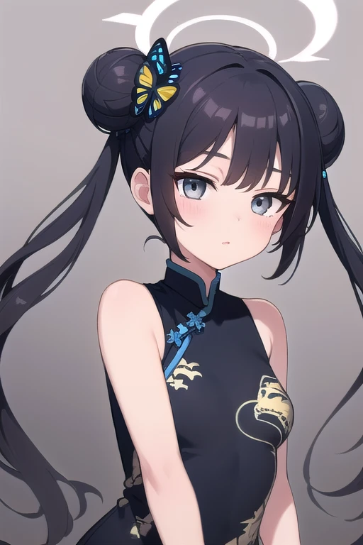 ultra-detailed,
master piece,best quality,high resolution,
beautiful eyes,detailed eyes,detailed face,
beautiful detailed eyes,symmetrical clear eyes,
1girl,kisaki, grey eyes, black hair, hair bun, double bun, twintails, butterfly hair ornament, halo,, china dress, black dress, sleeveless, dragon print, gloves,Lori figure ,Young girl, (whole body:1.5),wide hip