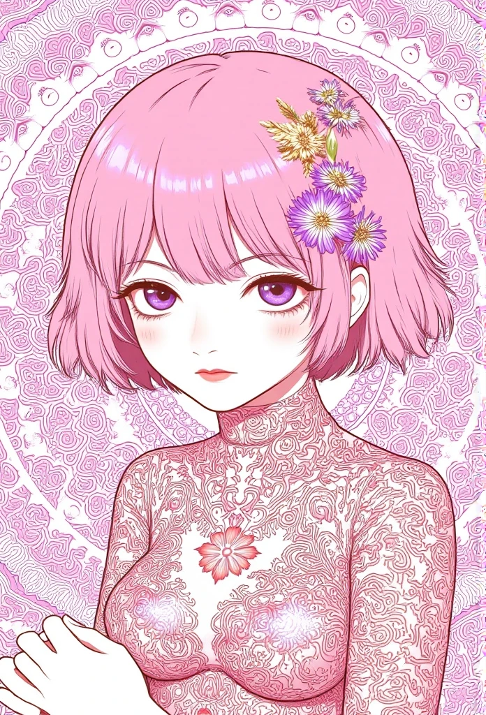 (ultra-detailed background, detailed background), absurdres, highres, ultra detailed, extremly detailed, 1girl, yae miko, pink hair, purple eyes, (bunch of flowers:1.3), (zentangle:1.2), (geometric:1.2),(colorful),