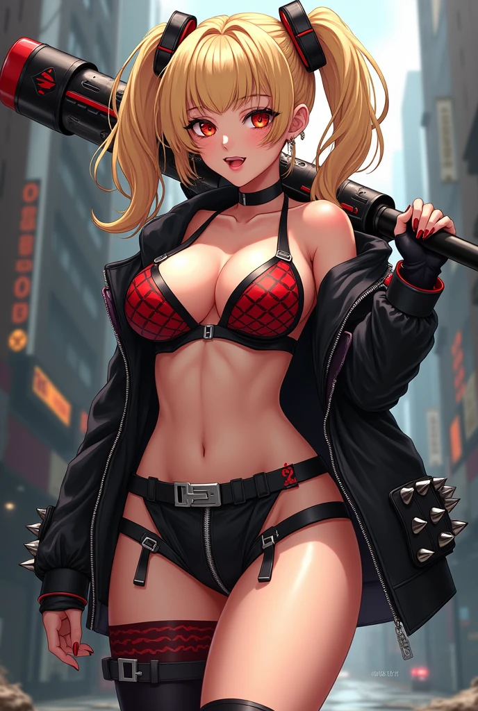 young girl, longue blonde hair, high ponytail, cat ears, violet eyes, red leather jacket, briefs, open belly, open breasts, tattoo, Scars, smirk, cigarette, Masterpiece, hiquality