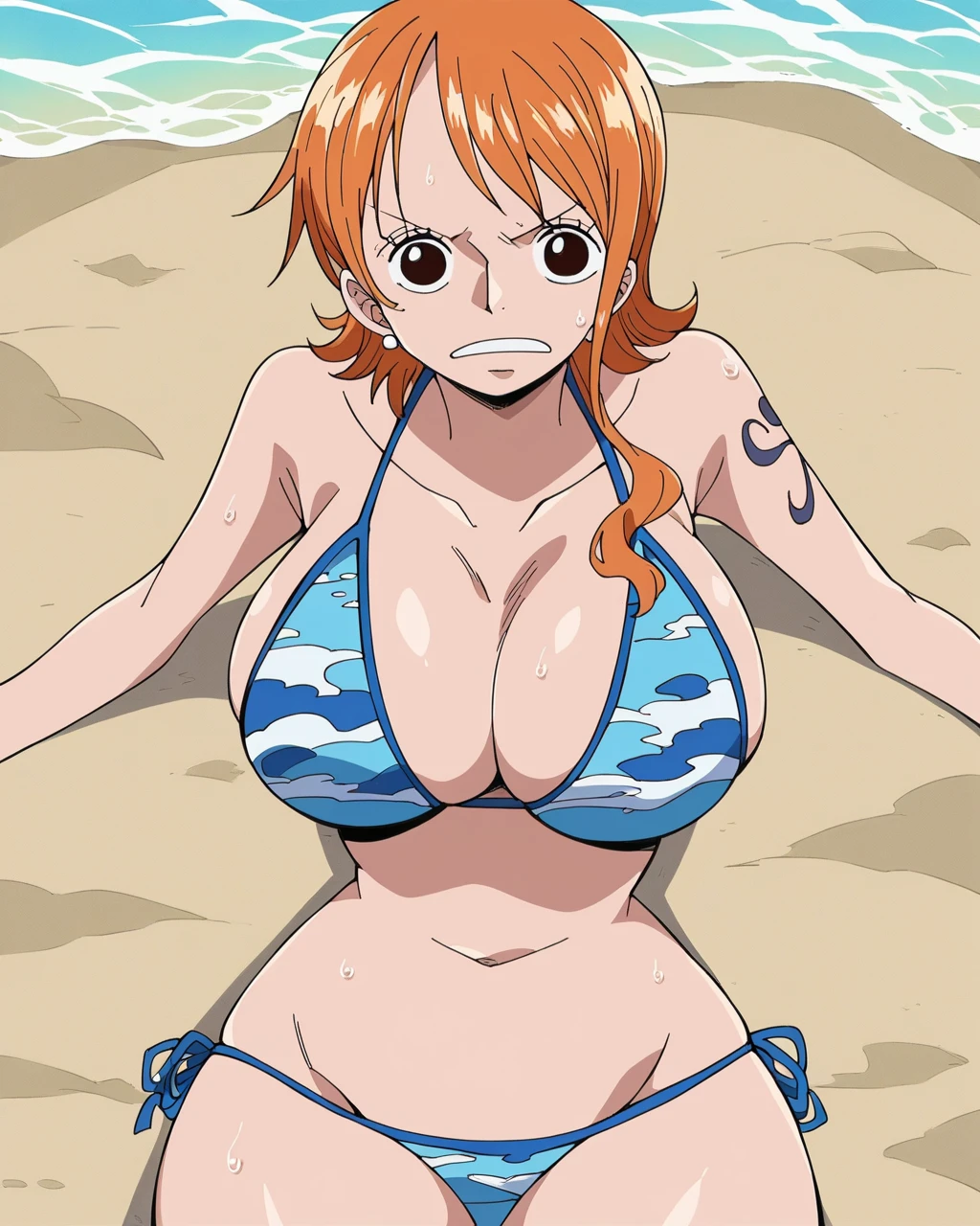  score_9,  score_8_up,  score_7_up,  score_6_up, sauce_Anime, Anime_ style , 2D, , Nami shortcut、Nami、 orange hair 、 one piece ,  beach ,  1 girl,  Big Breasts ,  bikini,   shorthair , The sunlight is dazzling、 beach パラソル　Middle-aged man　Sneaking up　Harassment　　Middle-aged manが尻をつかむ　A man approaches　Lying down　腹を地面につけLying down