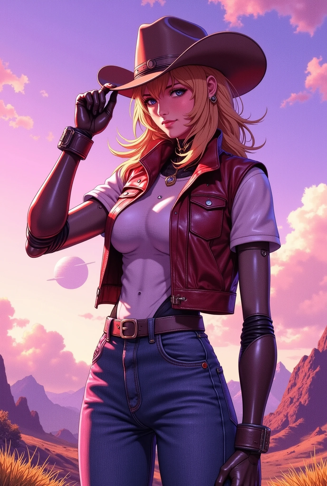 (masterpiece:1.2,Outstanding quality,Milonish, Cinematic Experience, best illustration),8k,wallpaper,Shadow play,(female android:1.0), cyberpunk ,Female cowboy ,Lift a hat with your index finger , cyberpunk なカウボーイハット, cyberpunk なカウボーイベスト,jeans, boots,planet,wilderness, flat color ,( Beautiful Gradation),( upper body up :2.0),(紫色の空には他のplanetが見えている)