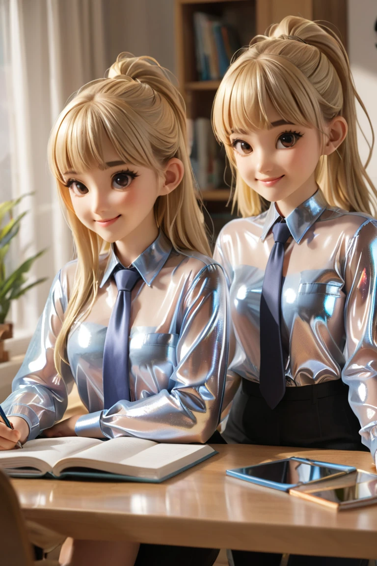 4 girls, Buttoned into an extremely tight shiny transparent metallic blouse, blonde hair,  ponytail , Bangs, smile, Lens reflection, Reflected light, Are at home and doing homework , Necktie 