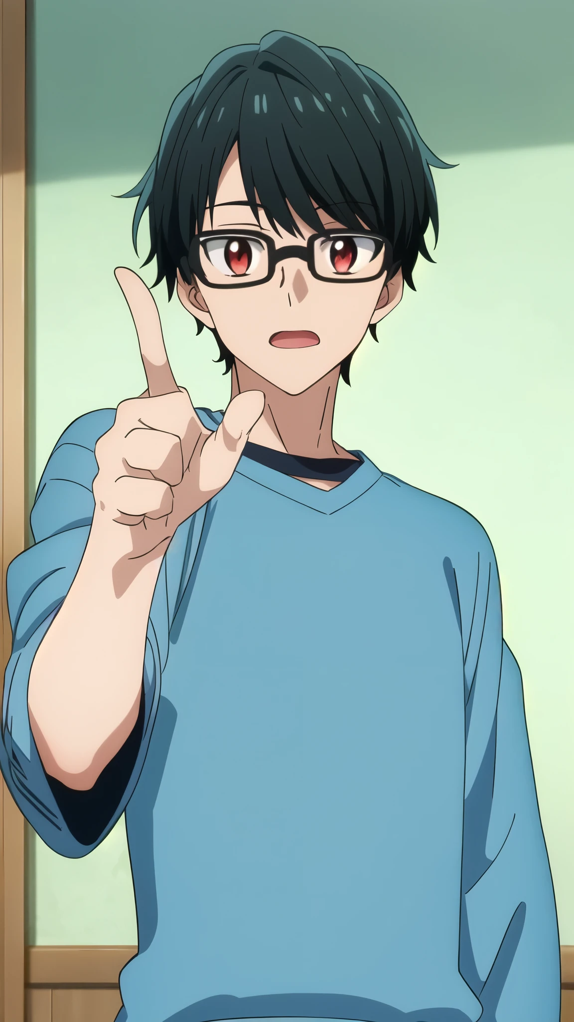 masterpiece, best quality, , 1boy, solo, male focus, looking at viewer, upper body, one arm raised with their index finger pointing upward, tasuku_kuresawa, black hair, , red eyes, white  sweatshirt, front view,  room background