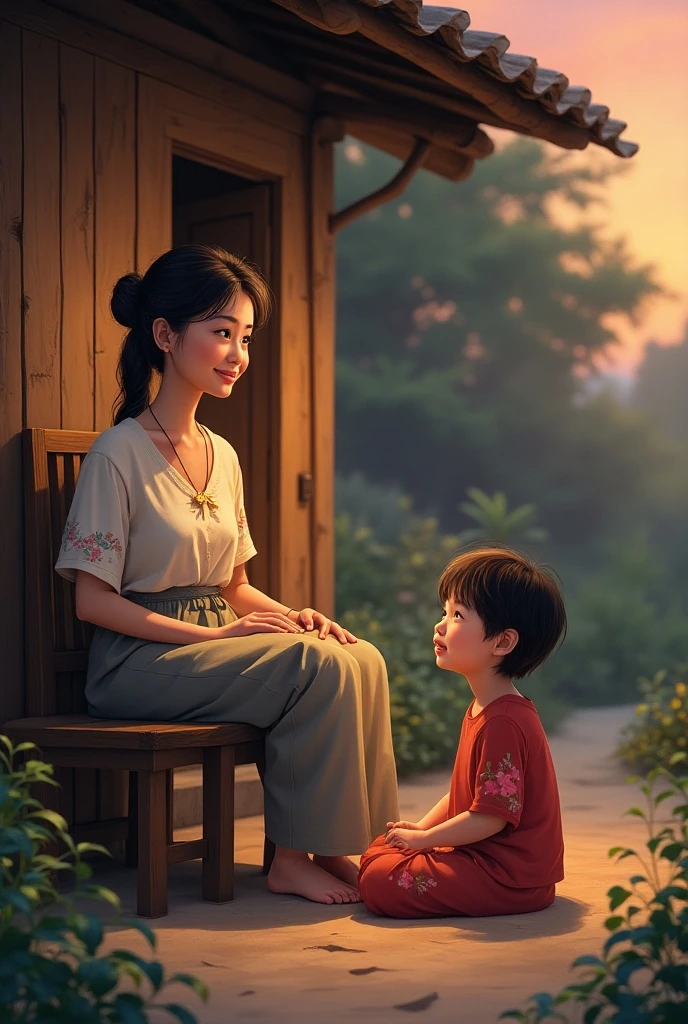 Create a beautiful picture of mother and daughter
They are talking happily in the evening at front of village home. Mom sit in the chair and daughter in the floor
