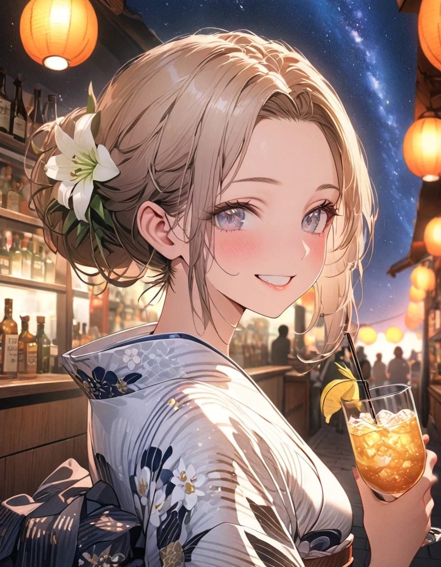 8K,((Highest quality)),((high-res)),((ultra detailed face)),night,She is drinking something in a bar ,outside  ,chignon,forehead,dark hair,milkyway,she wears lily pattern yukata with white obi,hair accessary,((big smiling)),make up,red lips