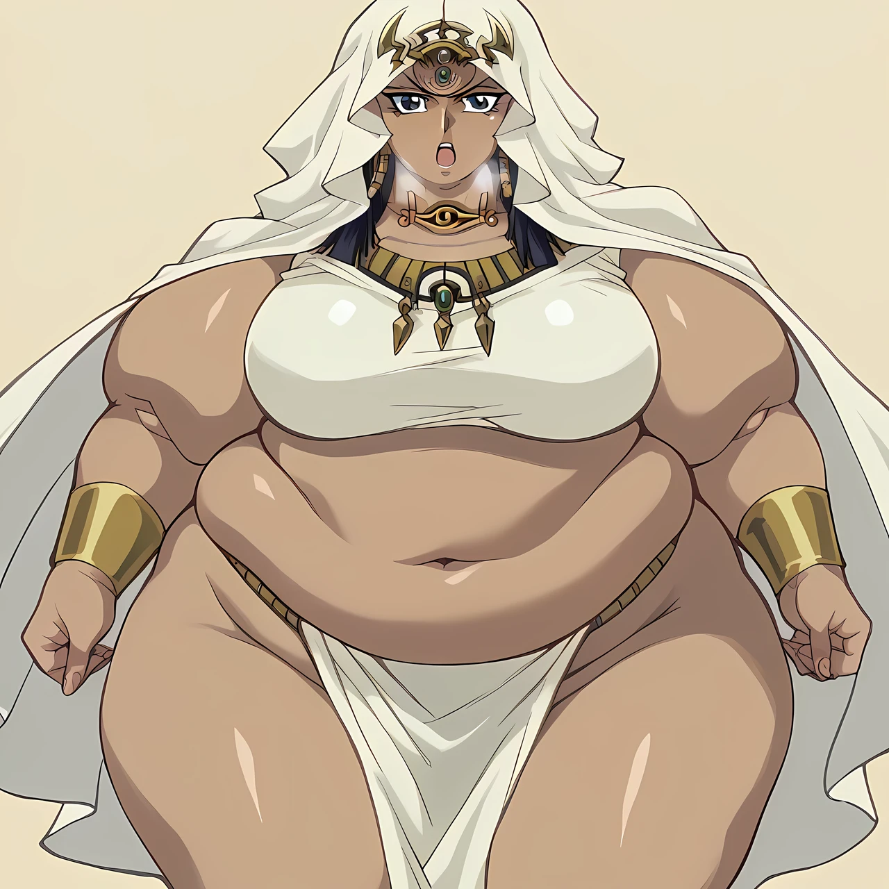 score_9, score_8_up, score_7_up, BREAK source_anime, BREAK II, 1girl, solo, looking at viewer,  eye of horus headpiece, eye of horus necklace, forehead jewel, head scarf,  fat, chubby, obese, gigantic arms and legs, large breasts, Ishizu Ishtar, detailed face, perfect quality, open mouth,  out of breath,, teacher's cloth, in a school, standing,