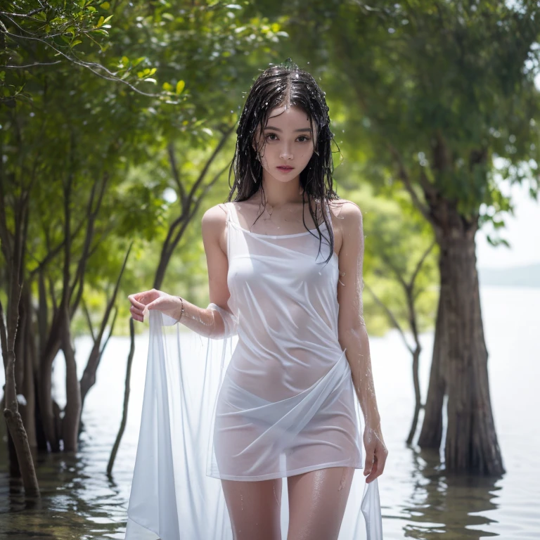 Mysterious lake in deep forest,(( best quality)), ((masterpiece)), (( 1 girl)), nude,No underwear,(( wet skin )),Alone, ferry, (( wet hair )), ferryBase, ((Knee-high)),  Pure White Wet Sheer Thin Fabric Bare Shoulder, (( jewelry)), (( Wet Sheer Thin Fabric Sleeveless )), Pure white dress with wet and transparent thin fabric ,  pure white wet and transparent thin fabric miniskirt , 