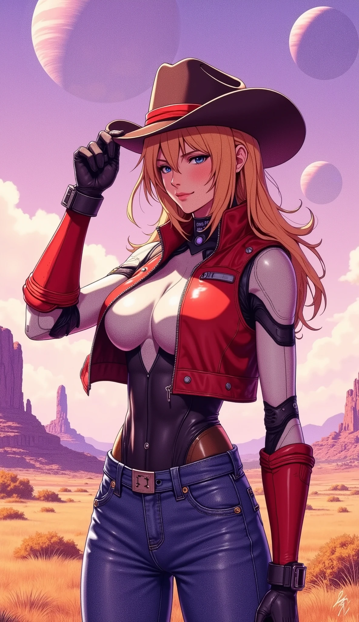 (masterpiece:1.2,Outstanding quality,Milonish, Cinematic Experience, best illustration),8k,wallpaper,Shadow play,(female android:1.0), cyberpunk ,Female cowboy ,Lift a hat with your index finger , cyberpunk なカウボーイハット, cyberpunk なカウボーイベスト,jeans, boots,planet,wilderness, flat color ,( Beautiful Gradation),( upper body up :2.0),(紫色の空には他のplanetが見えている)