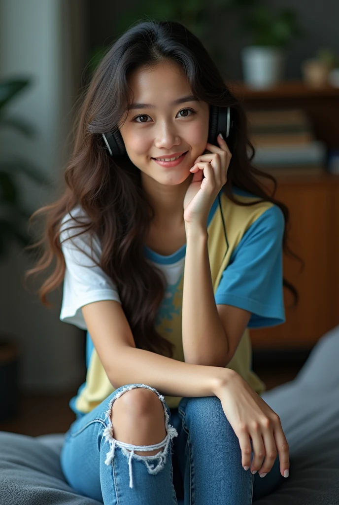 A beautiful Asian woman 22 years old wears a blue and yellow mixed white t-shirt, ripped jeans model sneakers black boots long curly hair ,sitting full body wearing airphone in studio , facing forward soft smile and cute .8K, hyper realistic.