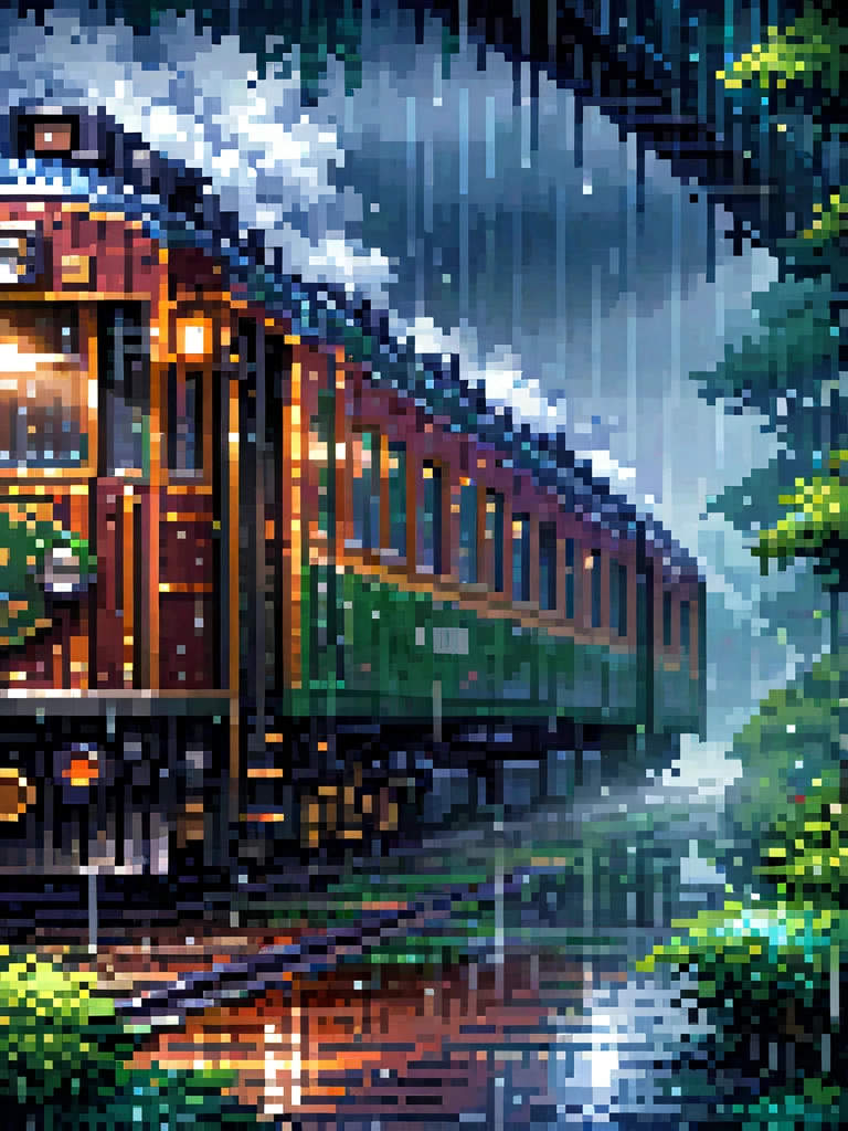 a pixel art train, rainy day, detailed pixel art, extremely detailed, cinematic lighting, dramatic atmosphere, vibrant colors, rain effects, steam from train, reflections on wet ground, lush greenery, detailed background, intricate details, 8k, photorealistic, masterpiece