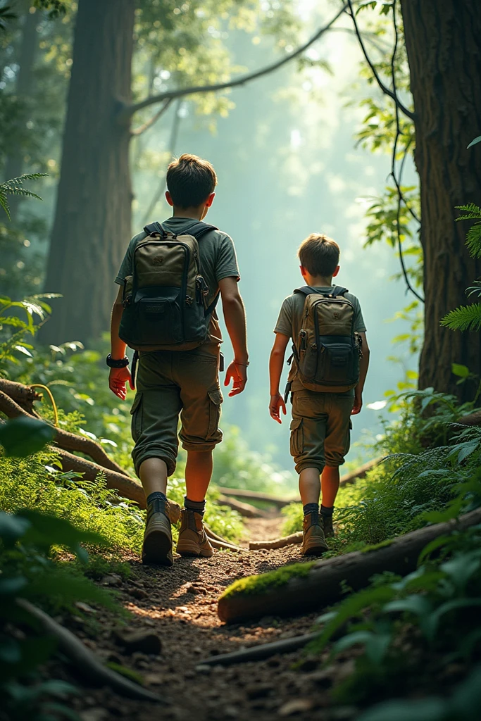 A boy with a map in his hands on his back entering a dense forest