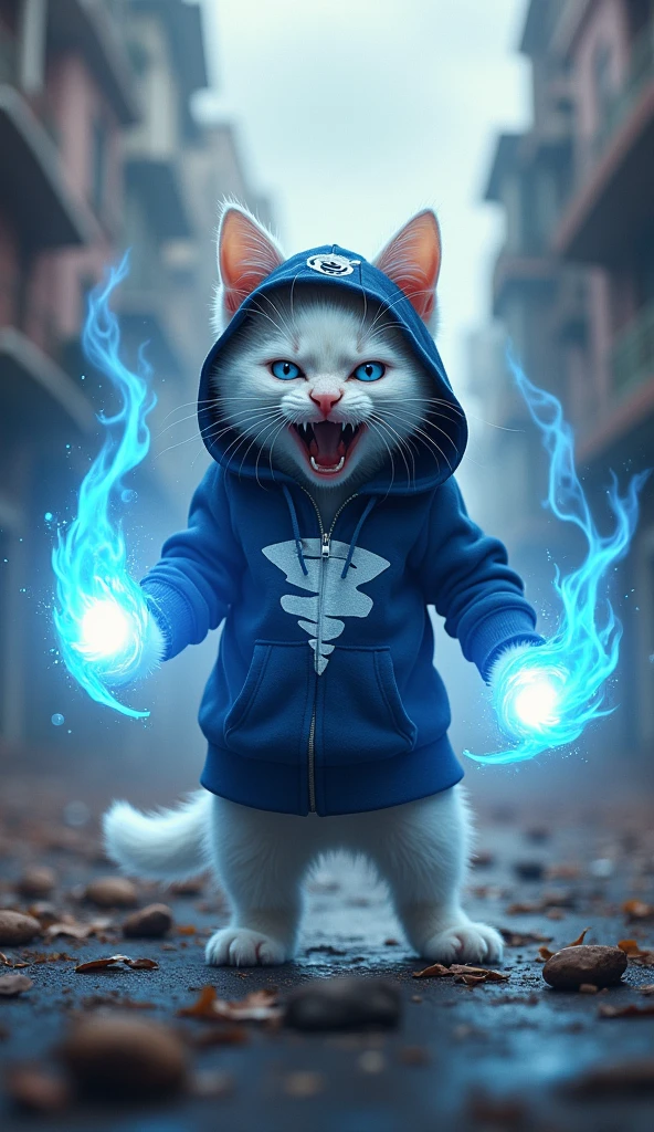 white kitten (blue eyes) bright eyes. angry face. mouth open. . wearing a zippered shirt (navy blue and white), a navy blue hat (not blue and white) with a small logo (tornado). angry face. dramatic navy blue hoodie., facial details, cinematic lighting, dramatic atmosphere,. winter day. bright colors, 8k, high quality, photorealistic. hero costume. The wind comes from your hands. Bright white hand wind element, tornadoes everywhere. Light blue glowing hands. Navy blue, wind logo design. very strong. Future dress design. very epic. Very cool background.. dark sky. very strong. typhoon. Vento is very strong. Dry leaves flying everywhere. Sharp hand-powered wind balls. Rasengan. in the city. Damaged building. Small stones floating everywhere.