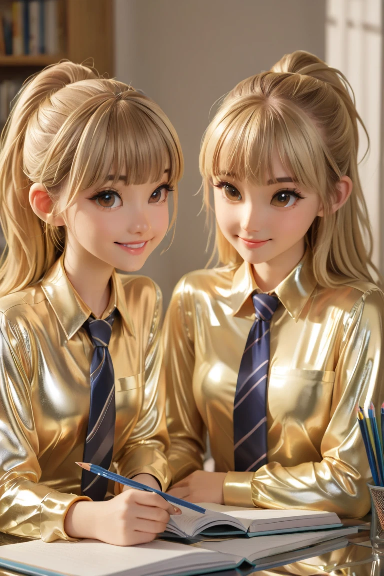 4 girls,  buttoned in extremely tight shiny metallic blouse, blonde hair,  ponytail , Bangs, smile, Lens reflection, Reflected light, Are at home and doing homework , Necktie 