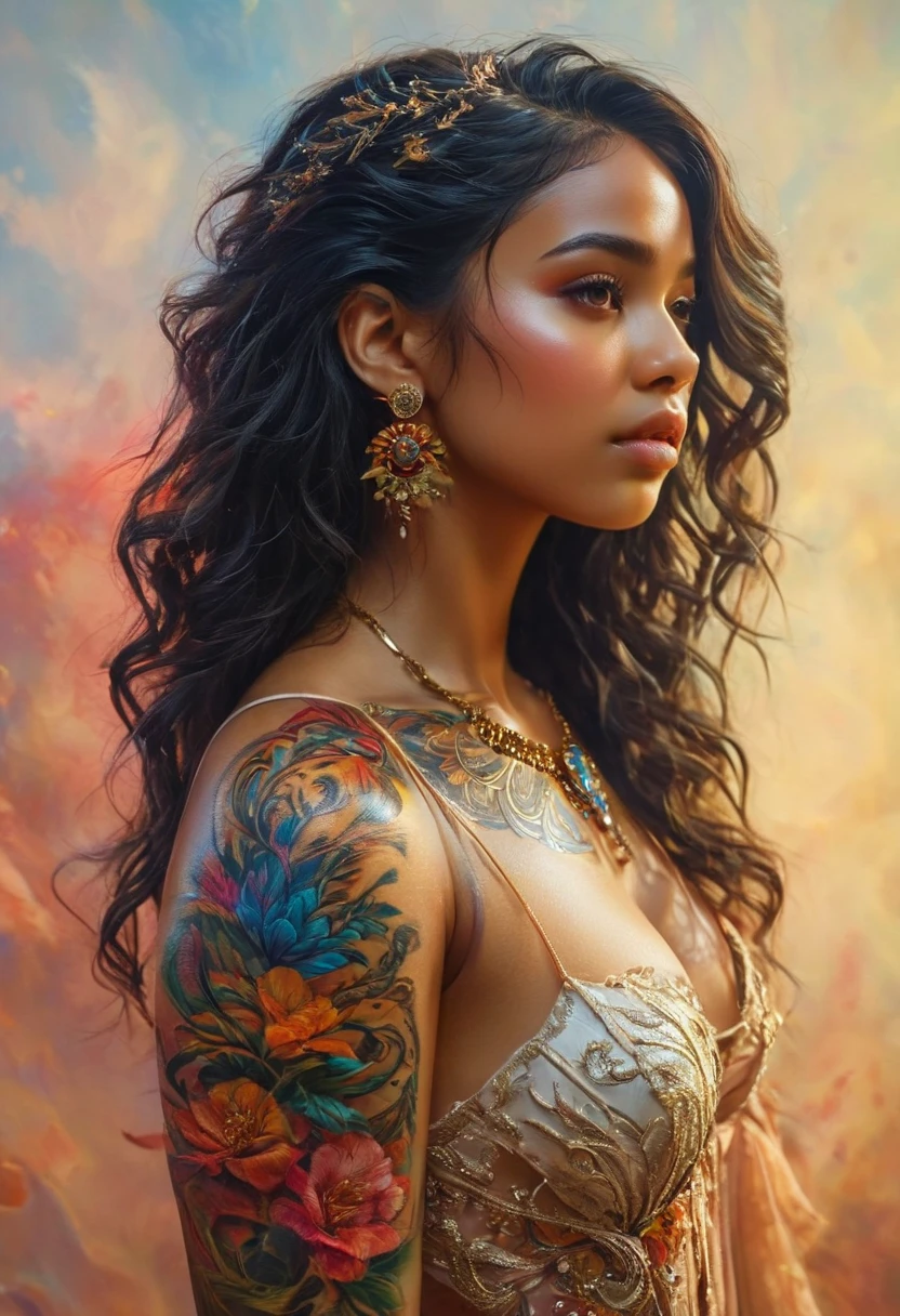 (最 High Quality ,4K,8k, high definition ,masterpiece:1.2),ultra-  Details,(Ultra-realistic, Photographically,Photographically:1.37), from back,  intricate and colorful phoenix tattoo on her back、 beautiful young Arabian girl , 18 years old,  amazing beauty , intricate   Details fractal tattoo, realistic   Details colorful tattoo, highly   Details body art, Portrait of a delicate woman,  Perfect Skin, Dark Skin, Sharp Eye, Elegant features,  Flowing Hair ,  dynamic pose ,  Dramatic Shadows,  bright color ,  Fantasy Art ,  digital painting ,  concept art, hyper realistic, 8k, 最 High Quality ,  turning her back to the audience ,  delicate fractal tattoo on her bare back ,  professional photo shoot ,  High Quality ,   Details, Photographically, Soft natural light,  Warm Color Palette,   Serene Atmosphere  ,  複雑なタトゥーの Details ,  Graceful Posture,