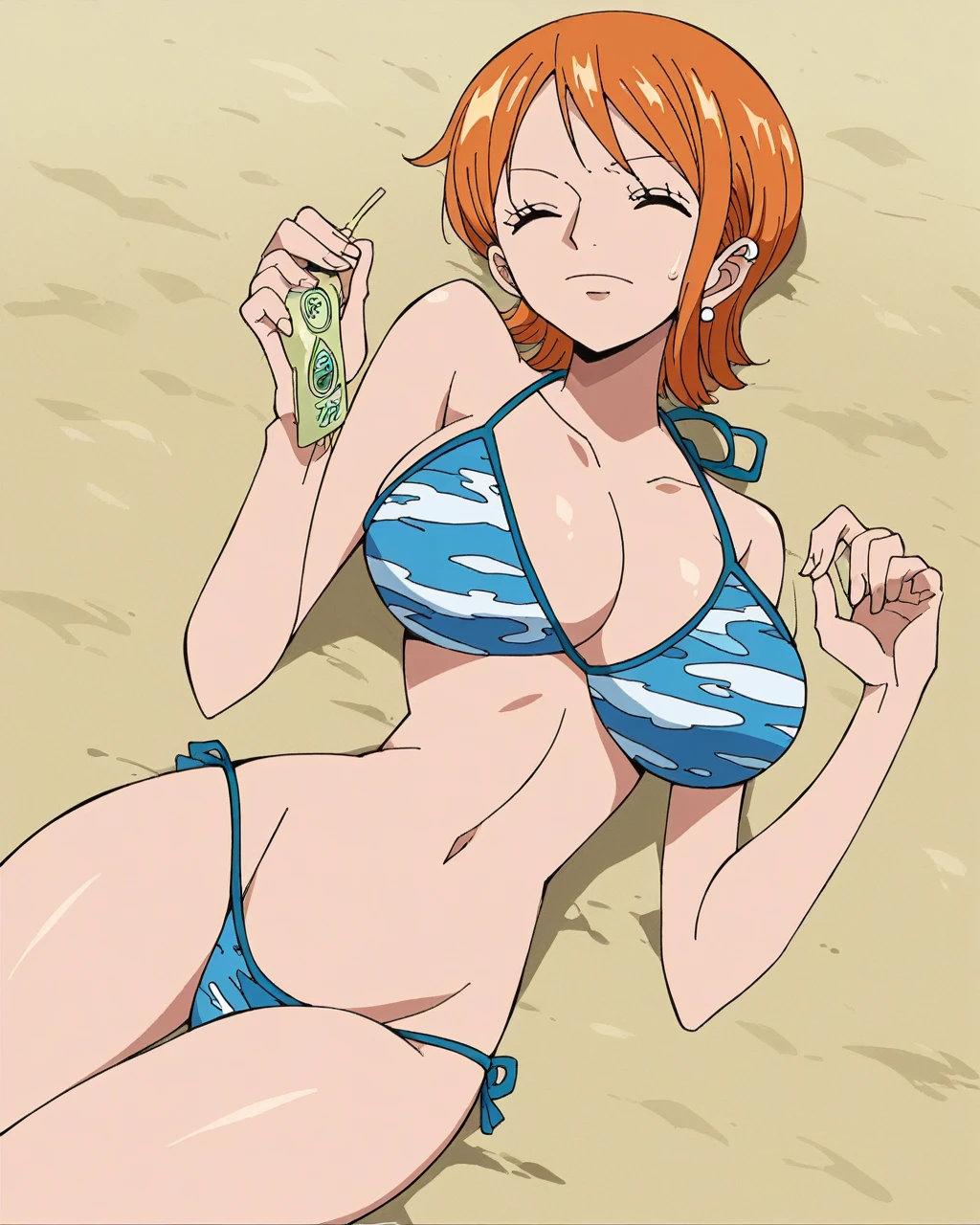  score_9,  score_8_up,  score_7_up,  score_6_up, sauce_Anime, Anime_ style , 2D, , Nami shortcut、Nami、 orange hair 、 one piece ,  beach ,  1 girl,  Big Breasts ,  bikini,   shorthair , The sunlight is dazzling、 beach パラソル　Middle-aged man　Sneaking up　Harassment　　Middle-aged manが尻をつかむ　A man approaches　Lying down　腹を地面につけ背中を見せてLying down　Lie down with your sleeping 　Sleeping　Deep asleep　