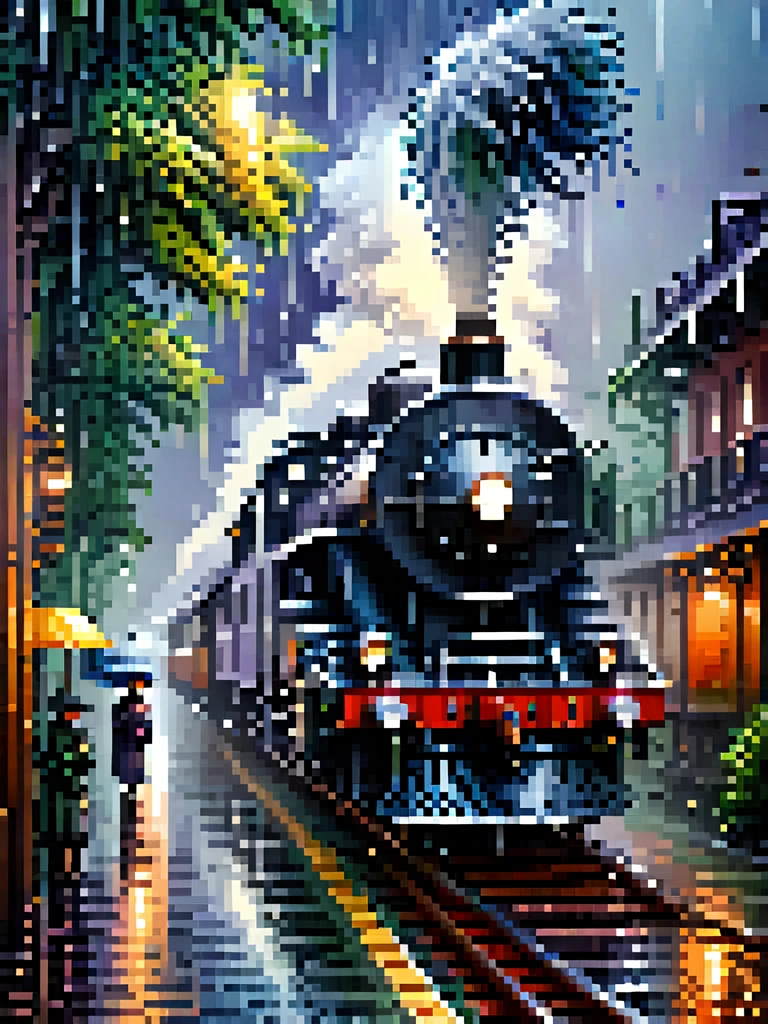 A detailed pixel art scene of a train in the rain, high quality, (best quality,4k,8k,highres,masterpiece:1.2),ultra-detailed,(realistic,photorealistic,photo-realistic:1.37),highly detailed train, intricate pixel art, rainy weather, water droplets on the train, rain falling, moody lighting, dark clouds, detailed background, atmospheric, cinematic,vibrant colors