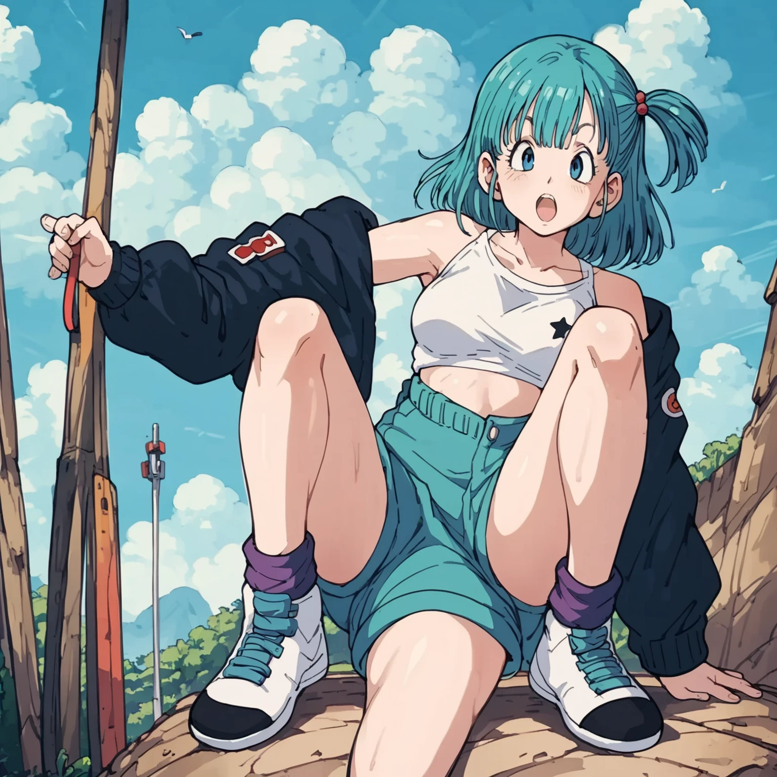 Bulma in a white bikini stands on a cliff，With a puzzled expression, I watched Bulma in a white bikini standing on a cliff in the distance 