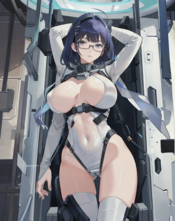 (masterpiece), ( best quality), (Super detailed), Huge Breasts、top-quality、Realistic、Unsupervised、Inside the spaceship、Glasses、nude、Spaceman