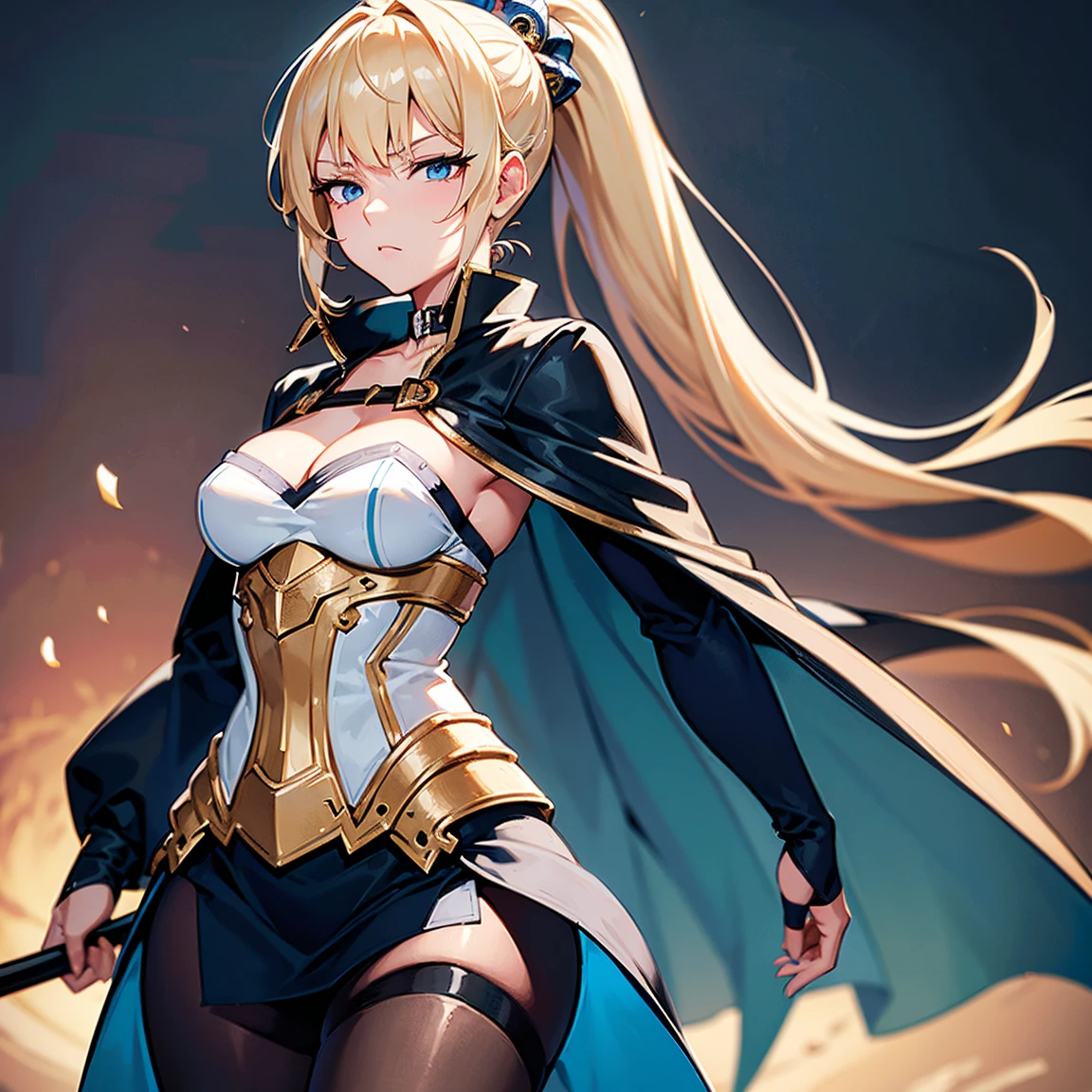 Anime style,(1suttungly beautiful woman solo),knight,Blonde, realistic contoured face,sharp face, 細い頬, ponytail,Blue Eyes, cleavage,Slanted Eyes,Detachable collar , short tie ,Cape, high definition , bangs, Long Skirt with Slits,tights, head on,  cowboy shots, anatomically correct,  high definition model with a long spear, Thin cheeks,(masterpiece,  best quality:1.2),small eyes,(cowboy_shot),(perfect anatomy),beautiful detailed shadows,detailed eyes,Incredibly Absurd,complex detailed,high quality,Ultra High Resolution,Incredibly Absurd,highly detailed,intricate detail,fine detail,clear detail,high accuracy,Extremely detailed CG unity 8K wallpaper,HDR,