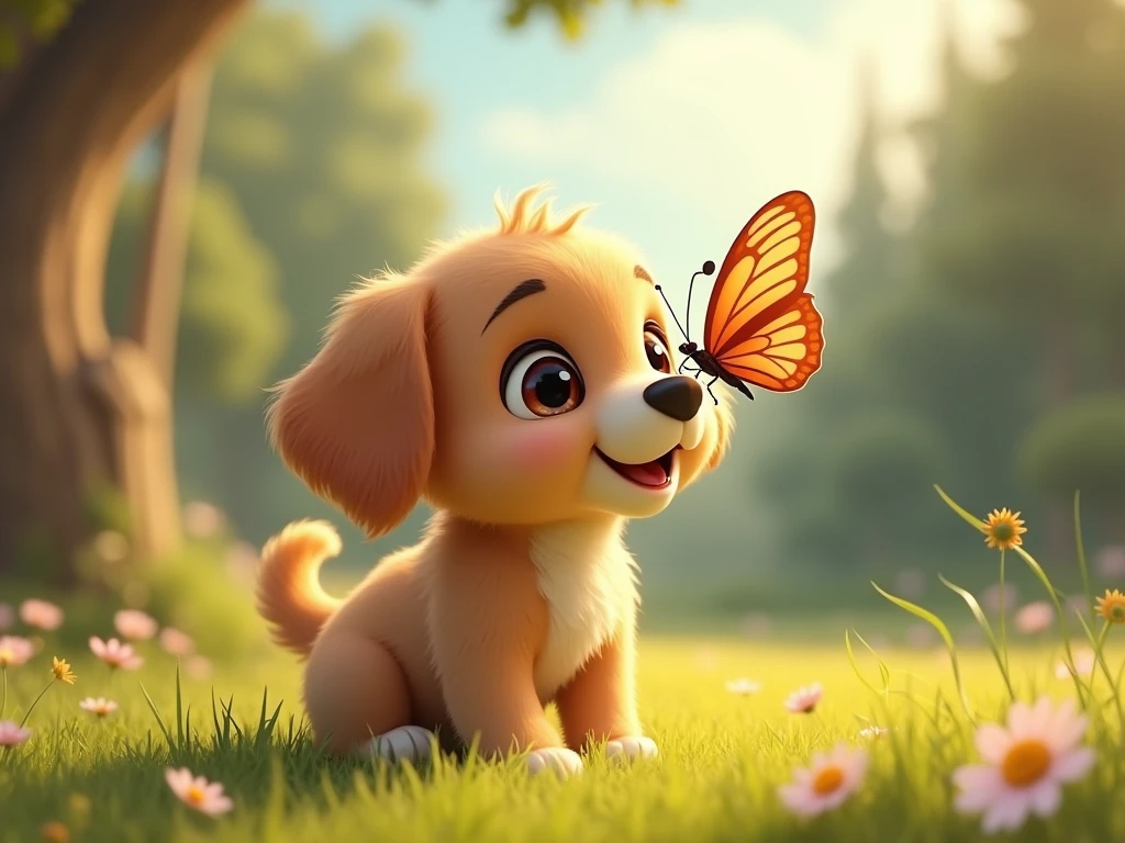 cute animation of a puppy surprised when a butterfly 々 stops on its nose