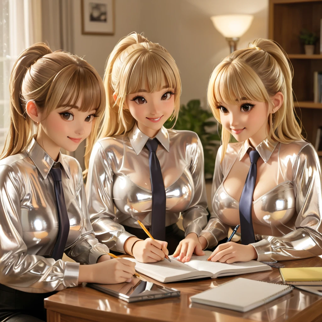 4 girls,  buttoned in extremely tight shiny metallic blouse, blonde hair,  ponytail , Bangs, smile, Lens reflection, Reflected light, Are at home and doing homework , Necktie, big breasts, 