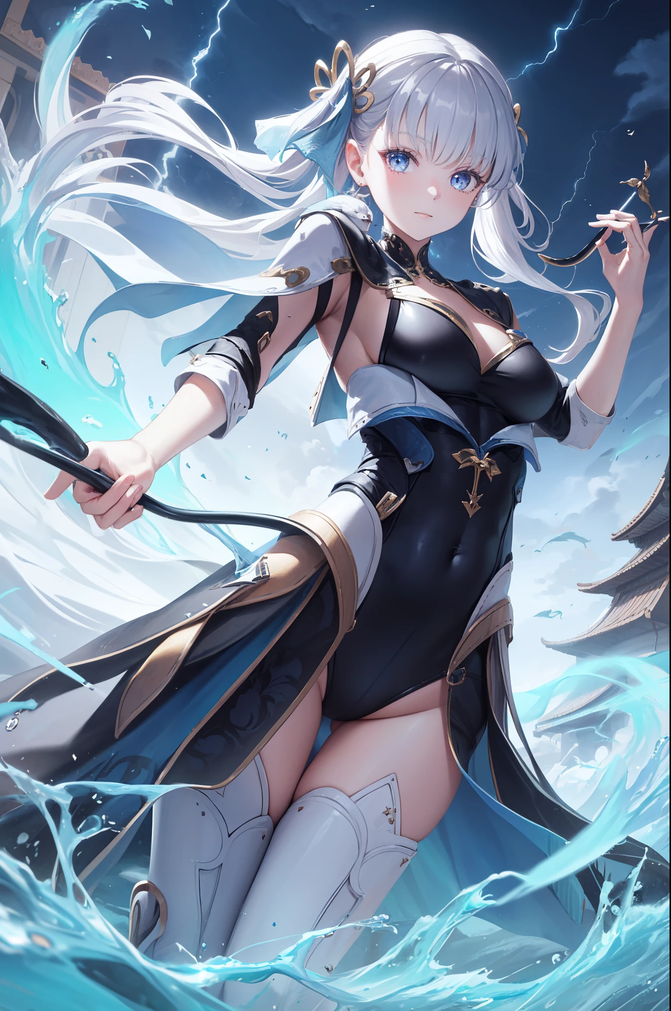 ( Best Quality ,4K,8k, high resolution ,masterpiece:1.2), extremely detailed,Mature Woman,, magic ,Charm,joy, Holy Goddess , magic al effect,Silver Hair, blue eyes,One-piece rubber suit，boots，Thunder and Lightning，dragon，fighting