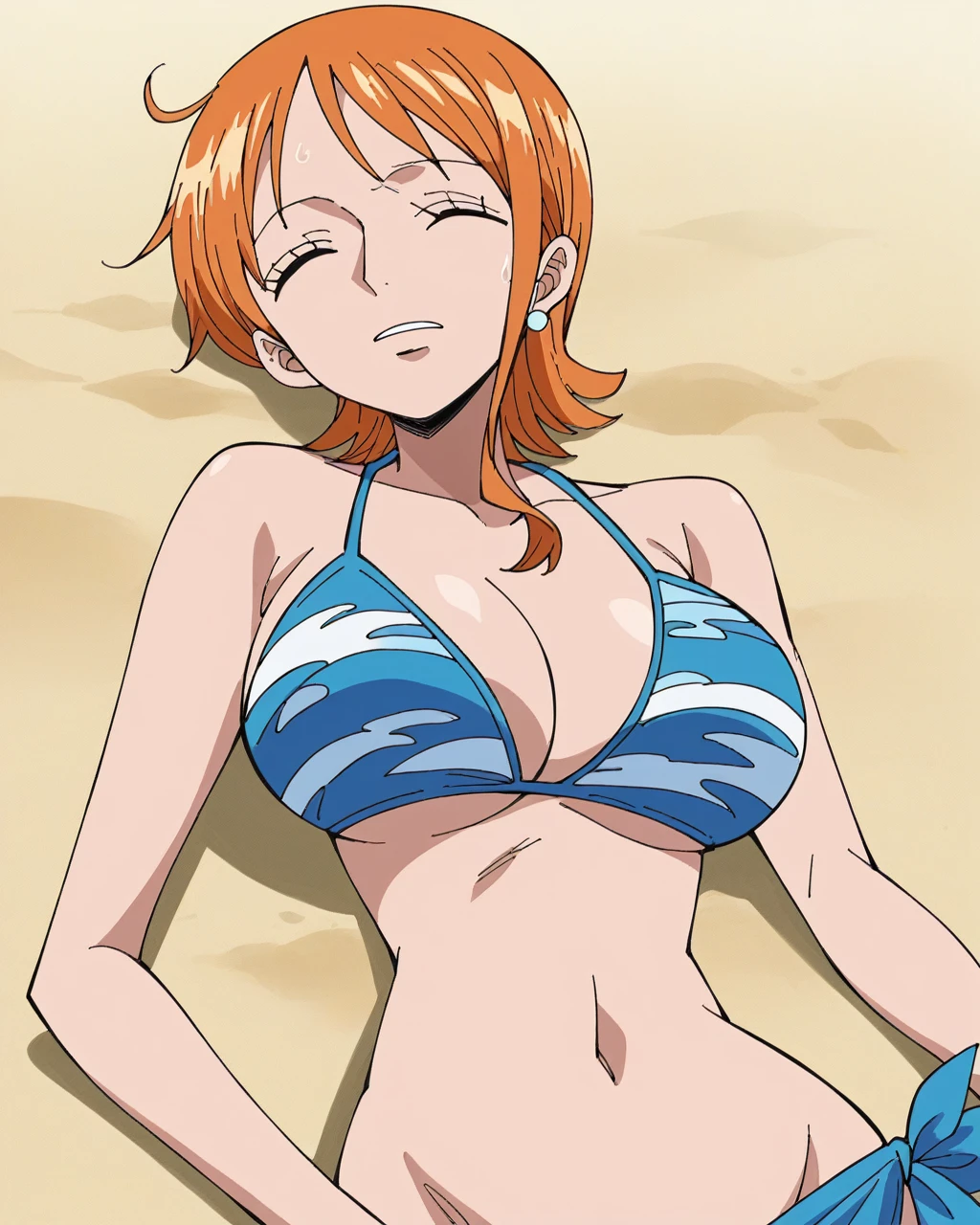  score_9,  score_8_up,  score_7_up,  score_6_up, sauce_Anime, Anime_ style , 2D, , Nami shortcut、Nami、 orange hair 、 one piece ,  beach ,  1 girl,  Big Breasts ,  bikini,   shorthair , The sunlight is dazzling、 beach パラソル　Middle-aged man　Sneaking up　Harassment　　Middle-aged manが尻をつかむ　A man approaches　Lying down　腹を地面につけ背中を見せてLying down　Lie down with your sleeping 　Sleeping　Deep asleep　 man grabs chest 