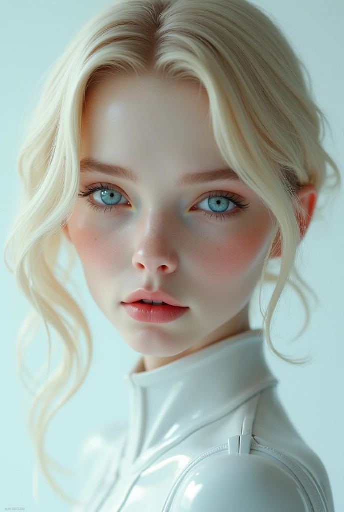 An Android girl
s
Blond hair
From the front
Light blue eyes