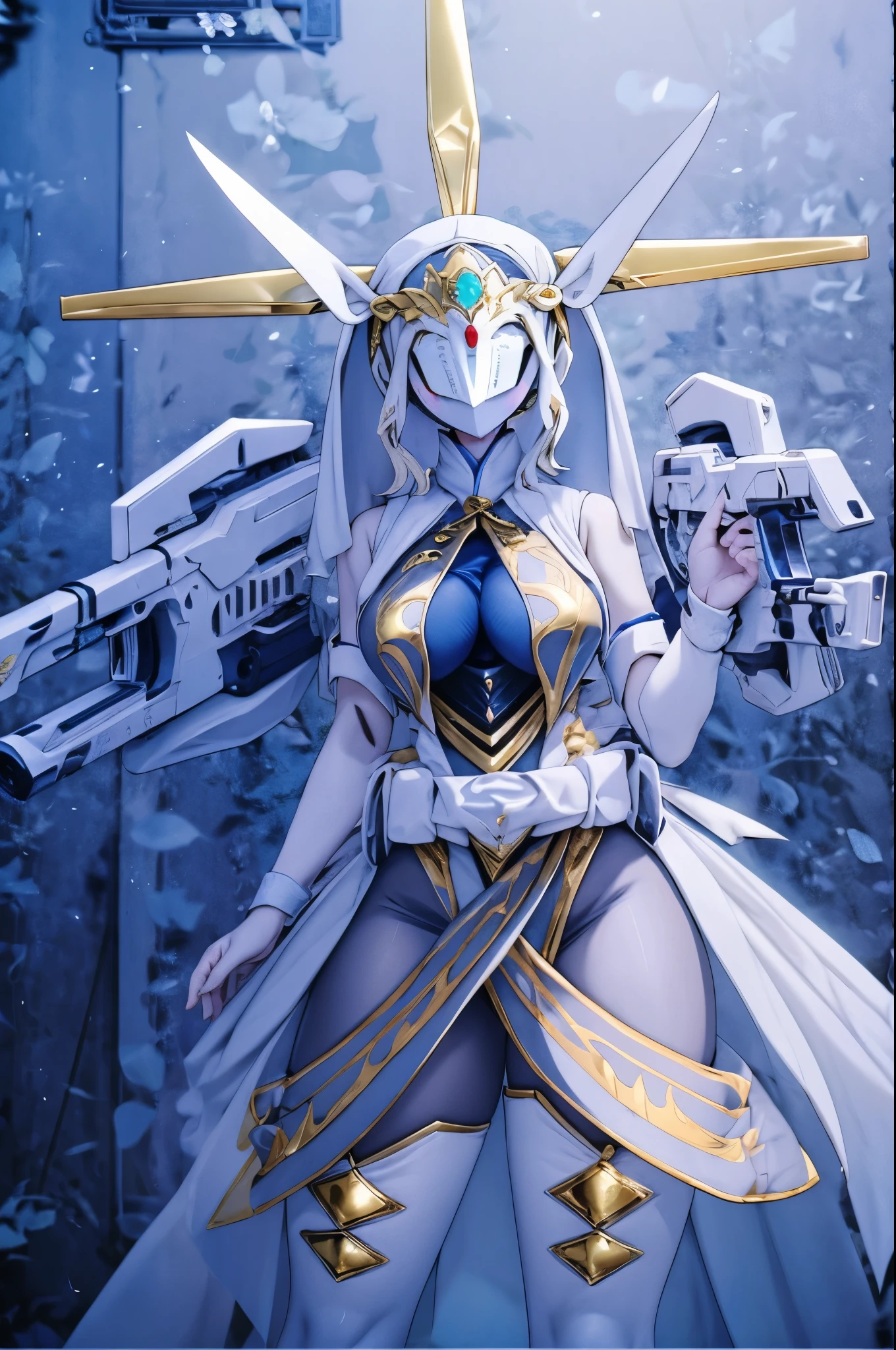 Mecha Girl，Mechanical Girl，Eye mask，Mask，Eye mask，Eye mask， Eye Covering Armor，白色nun服，白色nun头巾，Floating gun，双肩Floating gun，两侧Floating gun，白色Over the knee socks，Over the knee socks，thigh，肉感thigh，粗thigh，Floating gun，机械Floating gun，nun， white hair，白金Eye mask，nun，nun头巾，nun袍，white & gold， white clothes ，White clothing，white & gold，Gold Decorated Clothes ，White tint，White gold tones， white tights，basic tights 