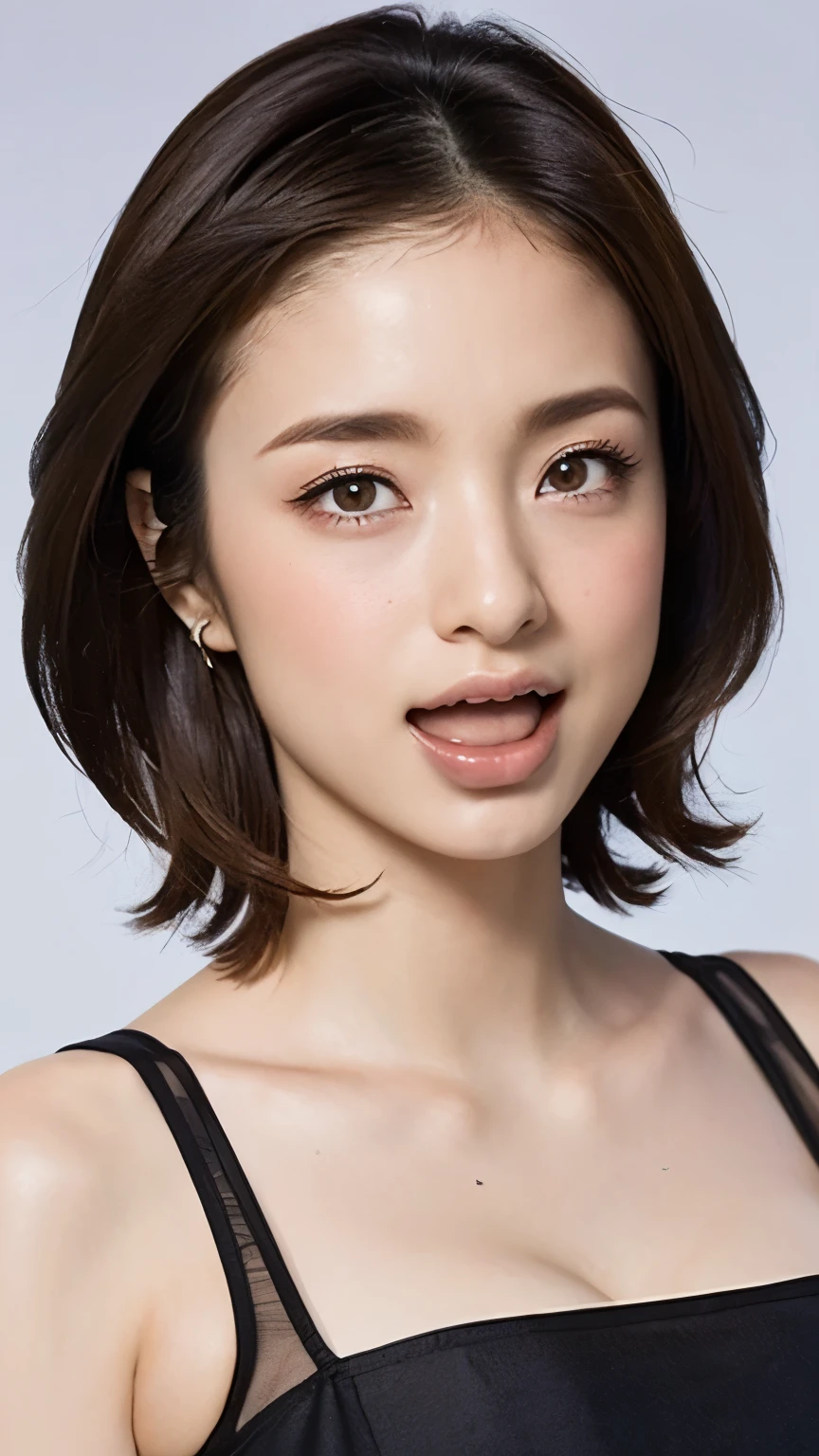 Realistic, masterpiece, highest quality, highest resolution, A portrait depicting only the upper body of a Japanese woman, A happy smile, slightly turned to the side, definitely looking at the audience, beautiful detailed eyes, black eyes, (hidden creased eyelids:1.2), thin eyebrows, Carefully draw eyelashes, natural makeup, middle hair, silver hair, detailed face, Black thick turtleneck sweater