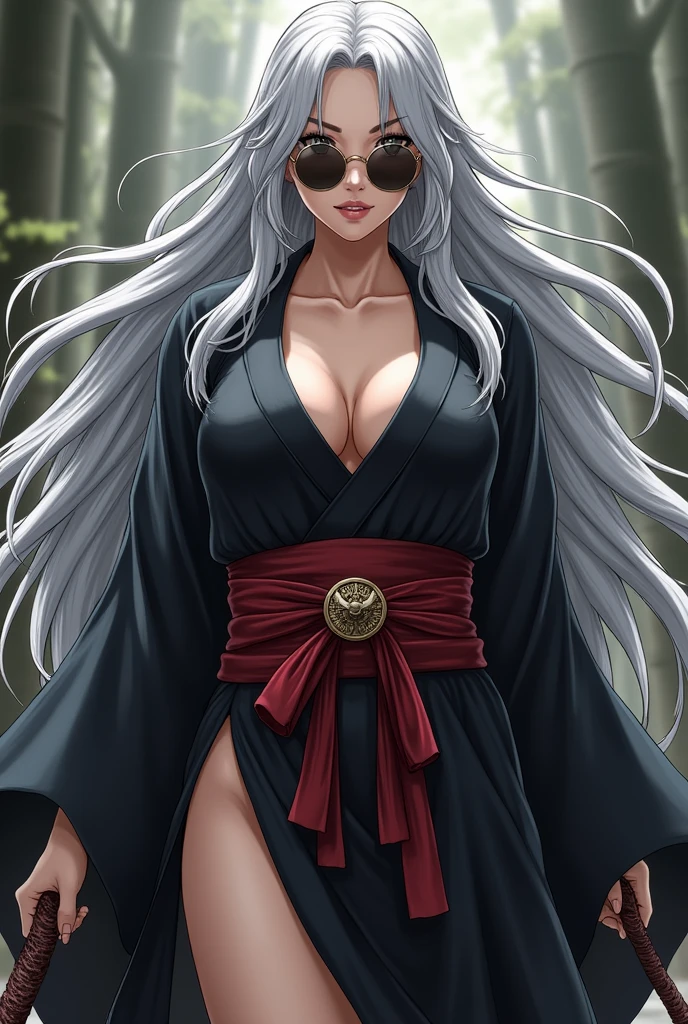 Adult manga woman long white hair with a long bell earring, green eyes dressed in black kimono badass no bangs