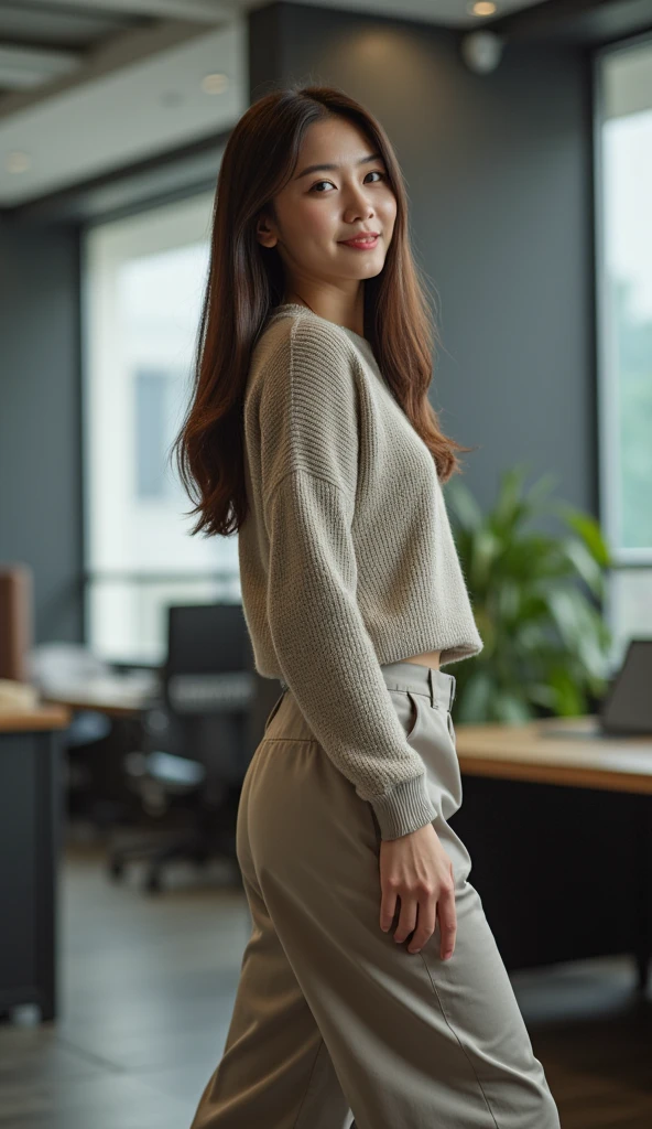 4. Young female entrepreneur (ethnicity: Caucasian, age: late 20s) in a trendy co-working space (setting: modern, collaborative). She's in smart-casual attire (fabric: comfortable, stylish) with her hair in a chic lob, and bright, confident makeup. She's pitching an idea (action: engaging, confident), her stance energetic and persuasive. <lora:Instaface-10:1>