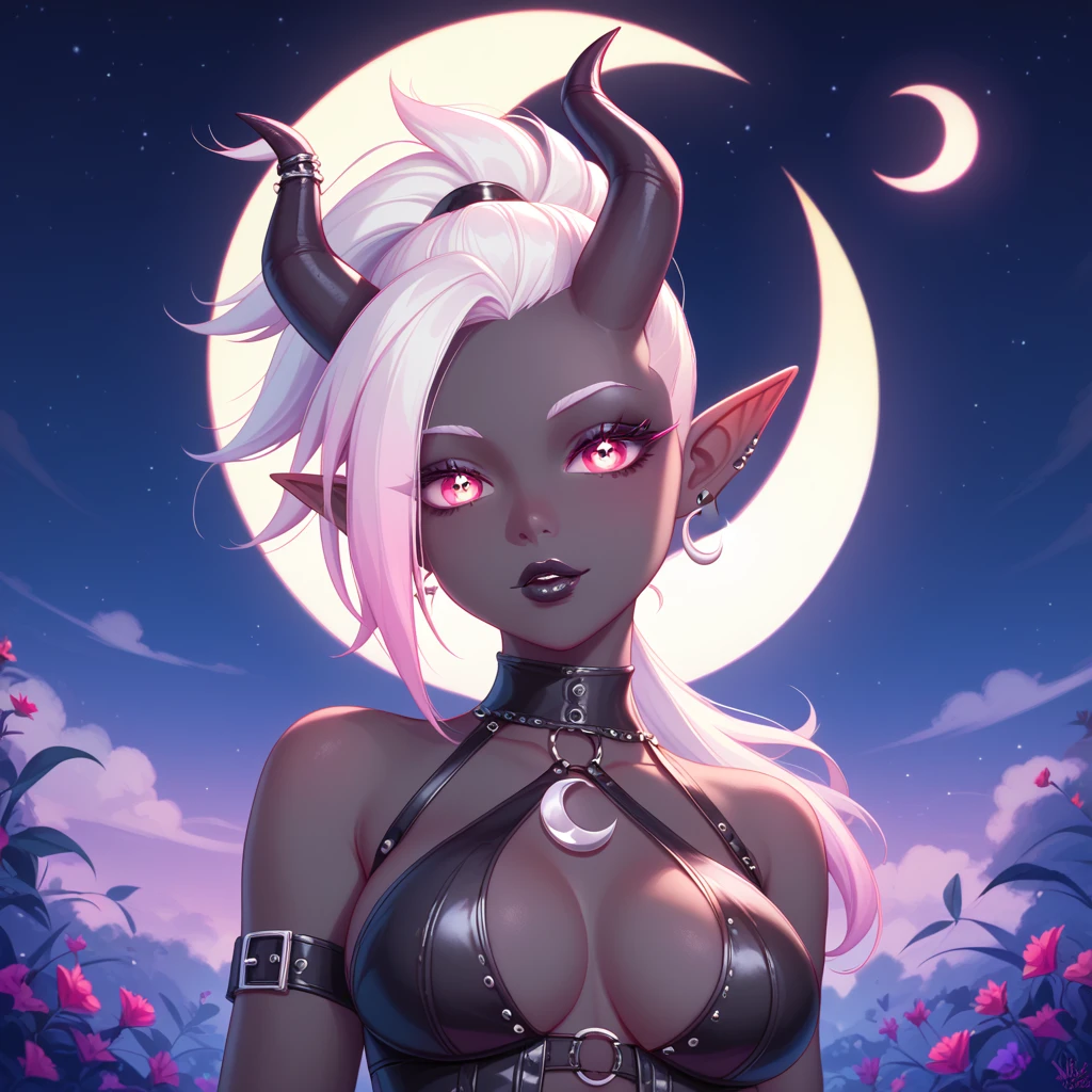 score_9, score_8_up, score_7_up, ((Masterpiece)), ((highres)), ((1person, 1girl, 1female)), Random poses, beautifully detailed succubus girl, ((Black crescent moon background)), white mohawk w/ponytail, defined elf ears with ear guages, defined eyes, pastel iris, long eye lashes, defined nose, black lipstick, curvy, (((Black skin))), black demon horns, breasts, night sky, pastel gothic style, gothic style art, gothic asthetic
