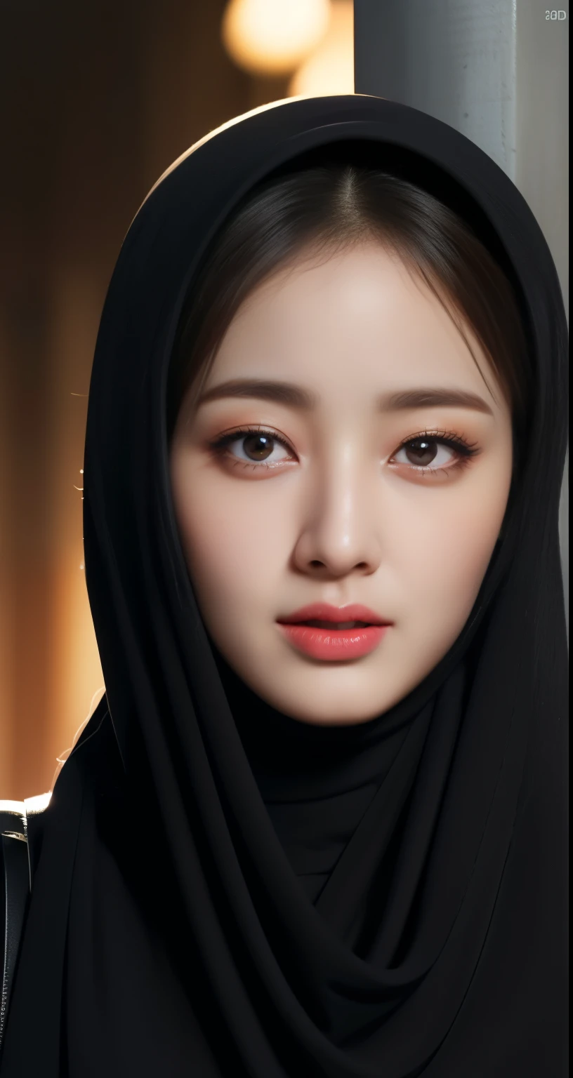 21 years old girl,  2 people beautiful hijab at a cafe, 2peapple hijab, ((wear black hijab in head)), big breasts, body sexy elegant, wearing trendy clothes, switter clothes, black hijab, black hijab, ((black hijab)), red lips, slight smile, (best quality,4k,8k,highres,masterpiece:1.2),ultra-detailed,(realistic,photorealistic,photo-realistic:1.37),detailed description of face and features,hyper detailed portrait, cinematic lighting, warm color tones, high-end fashion, urban cafe setting, intricate hijab folds, glowing skin, elegant pose