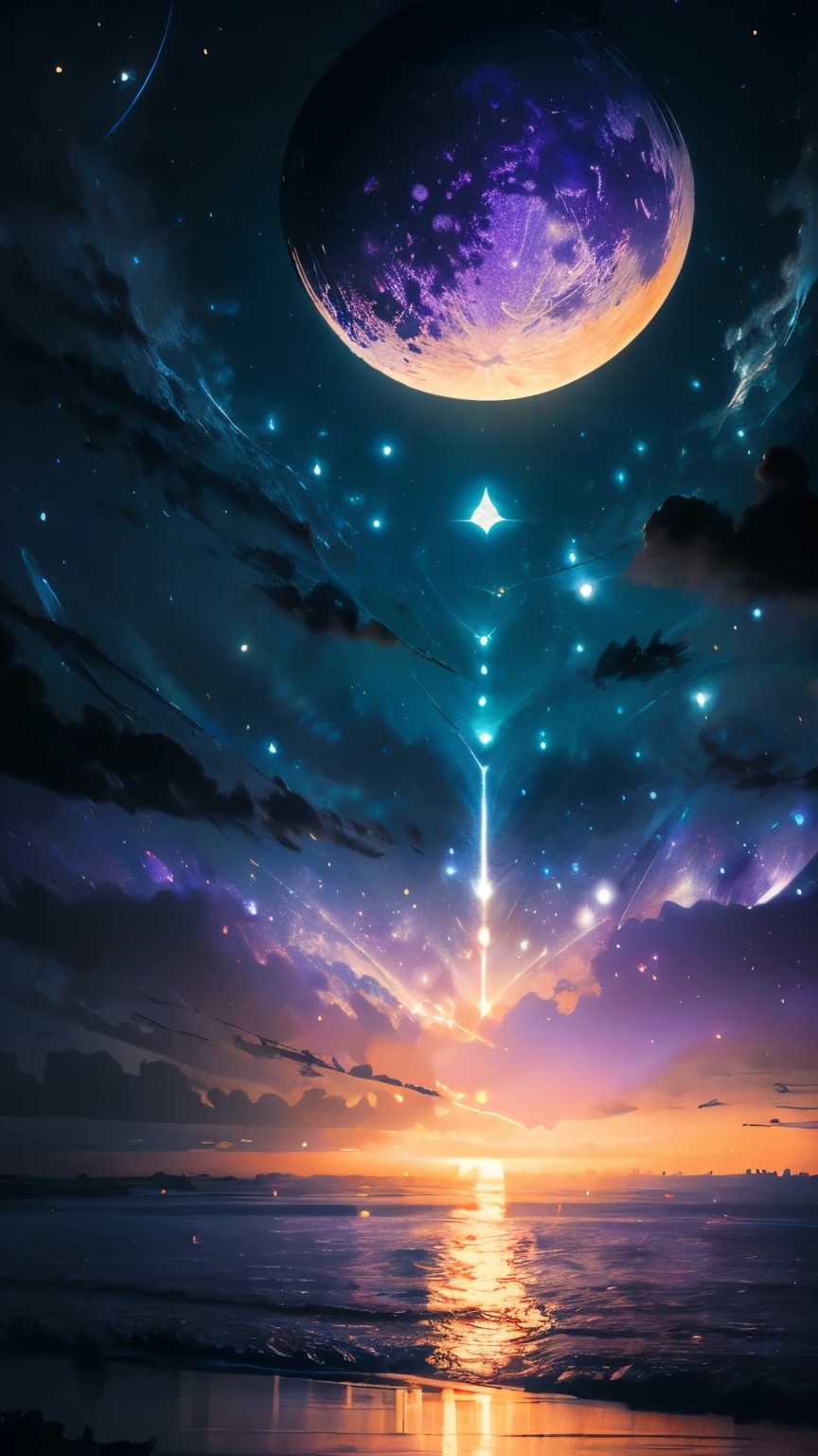 Highly detailed, High Quality, Masterpiece, beautiful, High Contrast ,night, (dark environment), ( Purple Giant Moon) , Ocean , sea of clouds ,