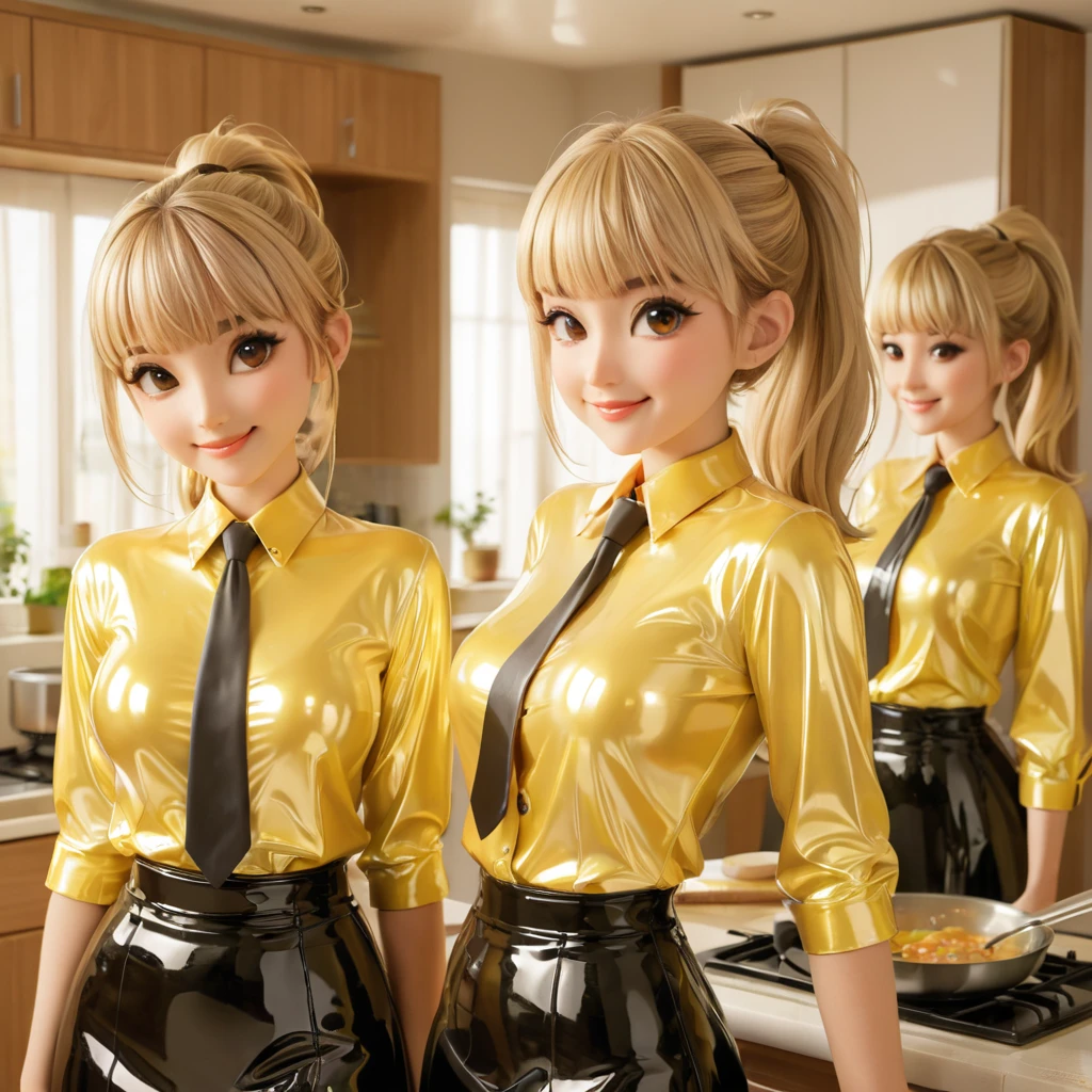 4 girls,  buttoned in extremely tight shiny latex blouse, blonde hair,  ponytail , Bangs, smile, Lens reflection, Reflected light, Are at home and cooking , Necktie,