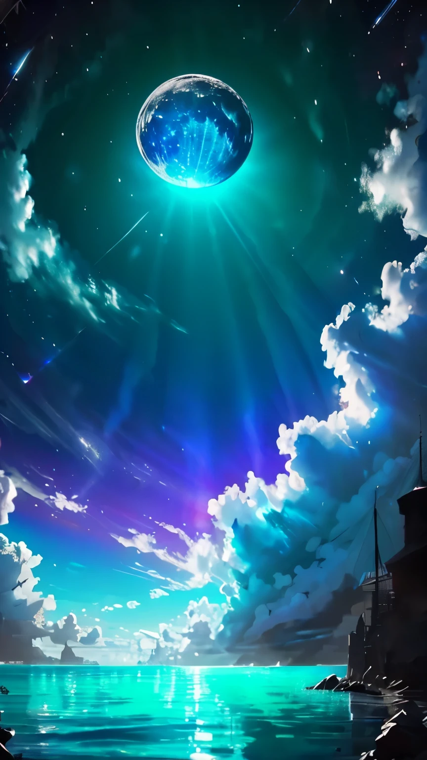 Highly detailed, High Quality, Masterpiece, beautiful, High Contrast ，night, (dark environment), ( Purple Giant Moon) , Ocean , sea ​​of ​​clouds  ,