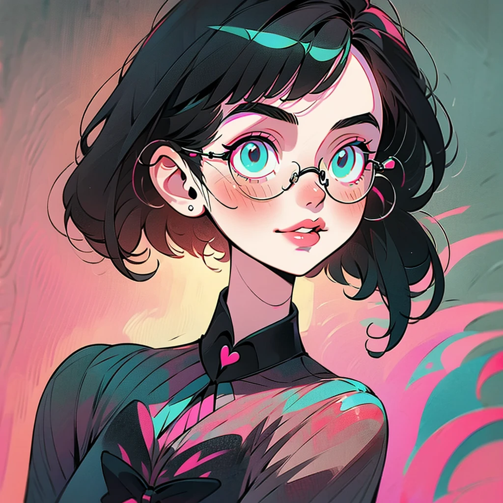 ( best quality , outline:1.2),realistic,illustrator,anime,1 girl, Detailed lips, black dress8,custom, (monochrome dark background),neon hair,textured cut, obra de until, classic retro style, dark black, until, outline book, (black bob hair:1.75 neon:1.32, pink and teal colors), neon glasses, Bad women , dark shadows 