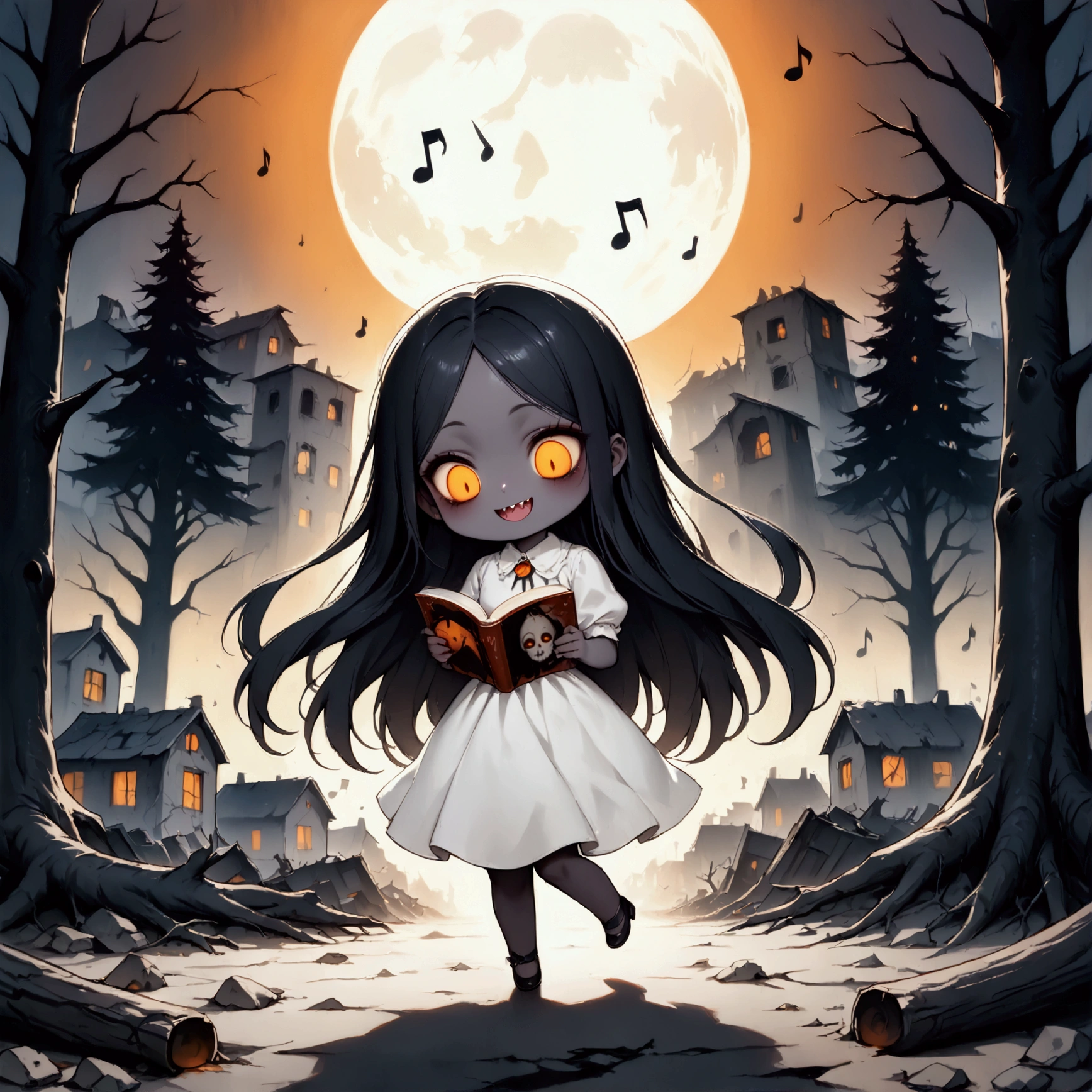 dark filter,,(solo:1.8),1girl\(devil girl,open mouth,sharp teeth,looking down, black long hair,string tie,open forehead, (beautiful straight hair:1.6),[bangs:2.0],[wave hair:2.0],orange eyes,(orange sclera:1.2),cute,(reading book), (smile:1.2),(colorful) music notes,(dancing:1.3),white shirts,(black dress),(pure black skin:1.3),(chibi:1.4),slim,big eyes,looging down\), background\((dead trees:1.3),(ruined town in distance:1.4), cute horror fantasy, disney-style horror, effects,oil painting style, traditional media, realistic,(horror mood:1.3), BREAK ,quality\(masterpiece, best quality,8k,wallpaper of extremely detailed CG unit, high resolution, top-quality, top-quality real texture skin, hyper realistic, increase the resolution, RAW photos, best quality, highly detailed, the wallpaper,golden ratio,high saturation realism, vibrant colors, dramatic lighting, persuasive storytelling, atmospheric scenery, captivating visuals, intricate details, strong emotions,dreamlike world\),