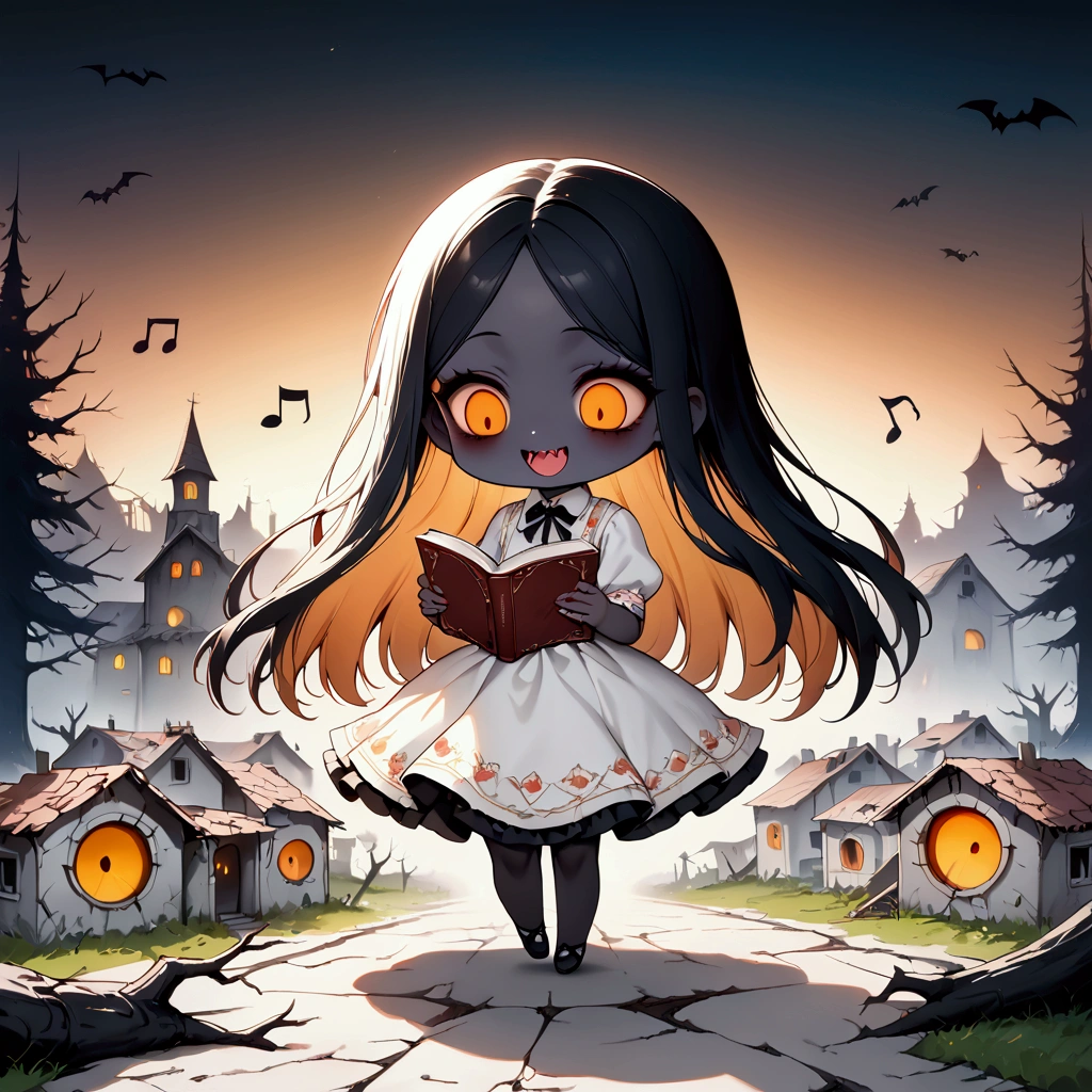 dark filter,,(solo:1.8),1girl\(devil girl,open mouth,sharp teeth,looking down, black long hair,string tie,open forehead, (beautiful straight hair:1.6),[bangs:2.0],[wave hair:2.0],orange eyes,(orange sclera:1.2),cute,(reading book), (smile:1.2),(colorful) music notes,(dancing:1.3),white shirts,(black dress),(pure black skin:1.3),(chibi:1.4),slim,big eyes,looging down\), background\((dead trees:1.3),(ruined town in distance:1.4), cute horror fantasy, disney-style horror, effects,oil painting style, traditional media, realistic,(horror mood:1.3), BREAK ,quality\(masterpiece, best quality,8k,wallpaper of extremely detailed CG unit, high resolution, top-quality, top-quality real texture skin, hyper realistic, increase the resolution, RAW photos, best quality, highly detailed, the wallpaper,golden ratio,high saturation realism, vibrant colors, dramatic lighting, persuasive storytelling, atmospheric scenery, captivating visuals, intricate details, strong emotions,dreamlike world\),