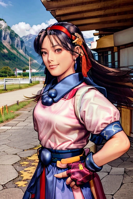 masterpiece,  Best Quality ,1girl, red  Bow Down ,  Bow Down , long hair, hair  Bow Down , Ainu clothing, alone, Headbands, [bird, black hair, fingerless Gloves, Short sleeve, Gloves,  Gorgeous belt , Pants, Bangs, red Headbands, arms, Chest,  brown eyes , white Pants, kimono, nakoruru, Gently smiling ,  Official Art , good composition, official gesture, detailed portrait, portrait,  Bokeh , Clouds and mountains background , warrior, Onmyoji style, High resolution,  Dramatic light and shadow, The sun is dazzling, Blurred foreground, MAi Shiranui KOFHigh resolution, ribbon,  Long Hair, ponytail,  split lens, earrings, 正前縮距透視法,  Best Quality ,  Best Quality , 正前縮距透視法, action painting, wearing fire redFUDANSHI