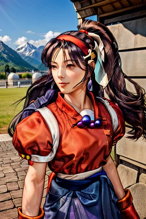 masterpiece,  Best Quality ,1girl, red  Bow Down ,  Bow Down , long hair, hair  Bow Down , Ainu clothing, alone, Headbands, [bird, black hair, fingerless Gloves, Short sleeve, Gloves,  Gorgeous belt , Pants, Bangs, red Headbands, arms, Chest,  brown eyes , white Pants, kimono, nakoruru, Gently smiling ,  Official Art , good composition, official gesture, detailed portrait, portrait,  Bokeh , Clouds and mountains background , warrior, Onmyoji style, High resolution,  Dramatic light and shadow, The sun is dazzling, Blurred foreground, MAi Shiranui KOFHigh resolution, ribbon,  Long Hair, ponytail,  split lens, earrings, 正前縮距透視法,  Best Quality ,  Best Quality , 正前縮距透視法, action painting, wearing fire redFUDANSHI