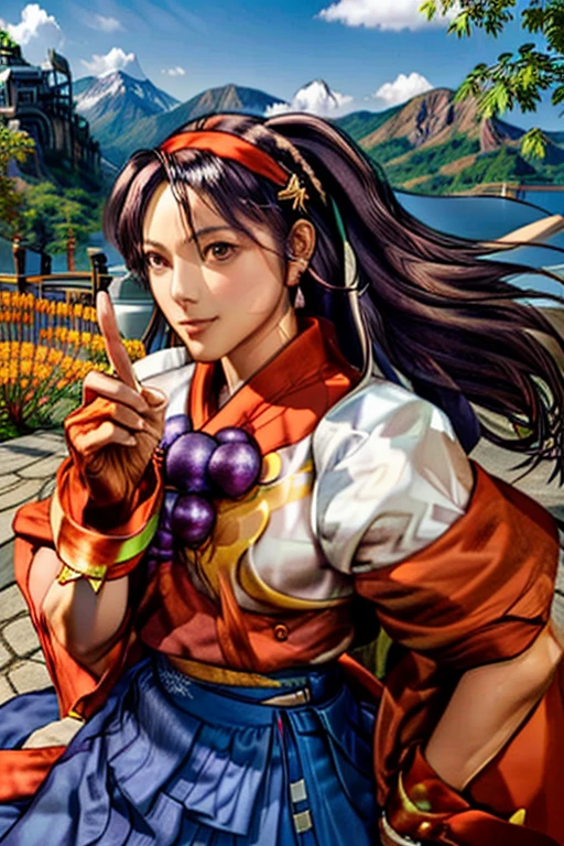 masterpiece,  Best Quality ,1girl, red  Bow Down ,  Bow Down , long hair, hair  Bow Down , Ainu clothing, alone, Headbands, [bird, black hair, fingerless Gloves, Short sleeve, Gloves,  Gorgeous belt , Pants, Bangs, red Headbands, arms, Chest,  brown eyes , white Pants, kimono, nakoruru, Gently smiling ,  Official Art , good composition, official gesture, detailed portrait, portrait,  Bokeh , Clouds and mountains background , warrior, Onmyoji style, High resolution,  Dramatic light and shadow, The sun is dazzling, Blurred foreground, MAi Shiranui KOFHigh resolution, ribbon,  Long Hair, ponytail,  split lens, earrings, 正前縮距透視法,  Best Quality ,  Best Quality , 正前縮距透視法, action painting, wearing fire redFUDANSHI