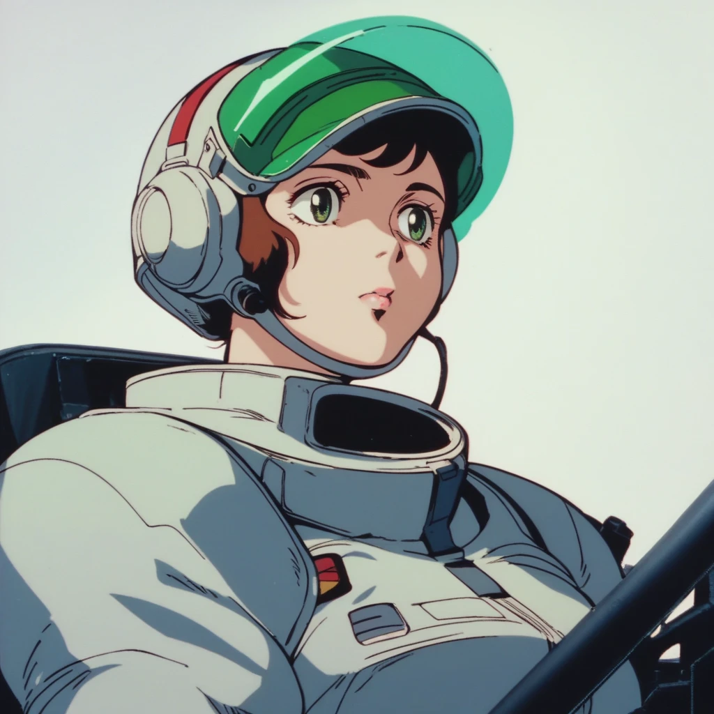 analog style, vhs style, old anime,  Japanese curvy A  fat young boy pilot wearing White space suit, green visor helmet at gundam Cockpit　at space